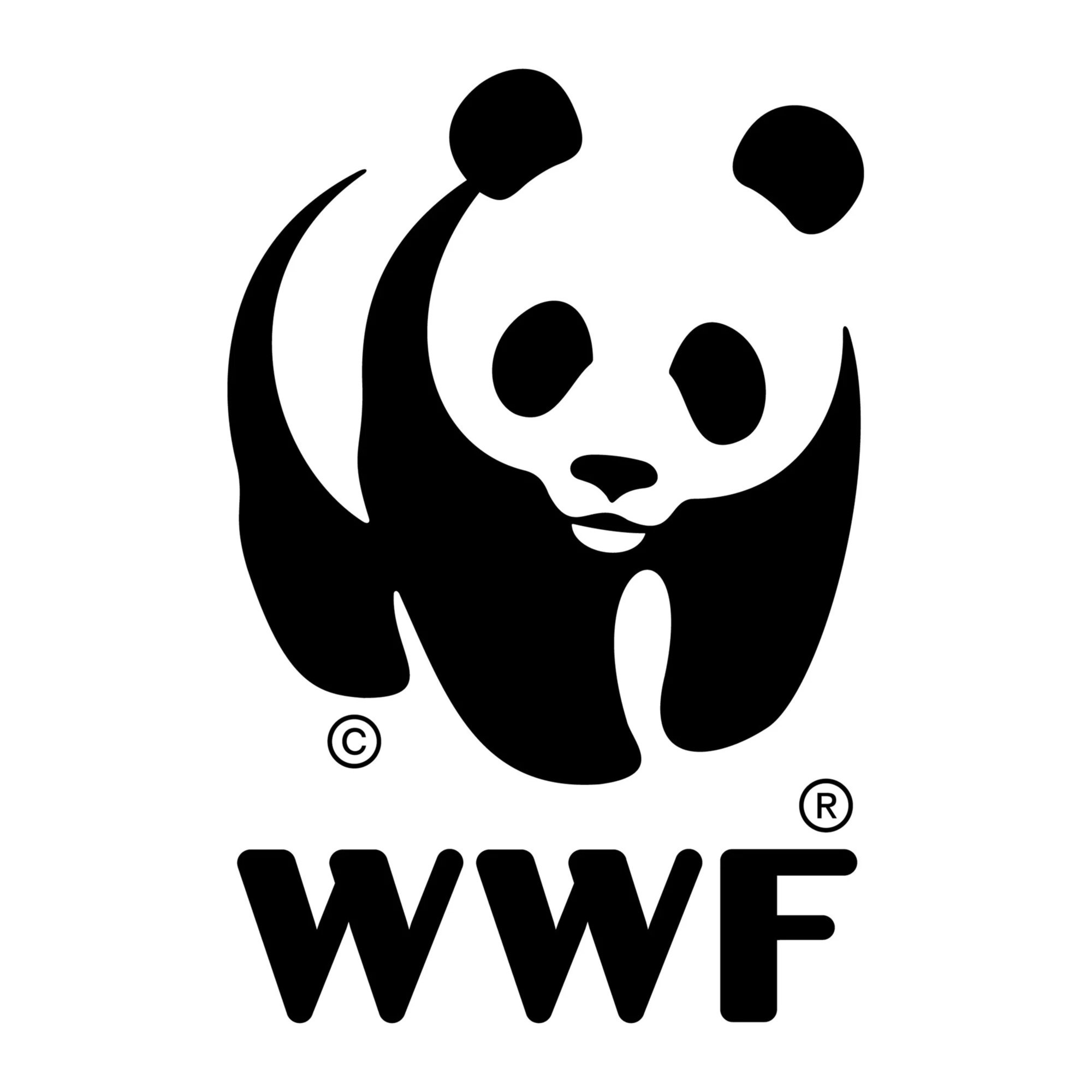 Black and white graphic with a stylized panda face in the top half, and the text WWF in bold letters at the bottom.