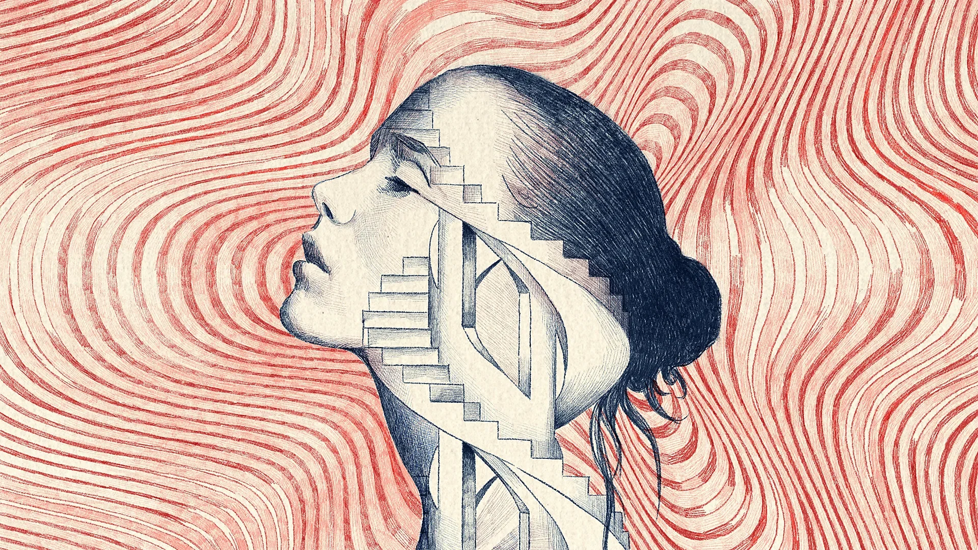 Drawing of a woman's face in profile with stairs and geometric shapes inside her head. The background has flowing red lines.
