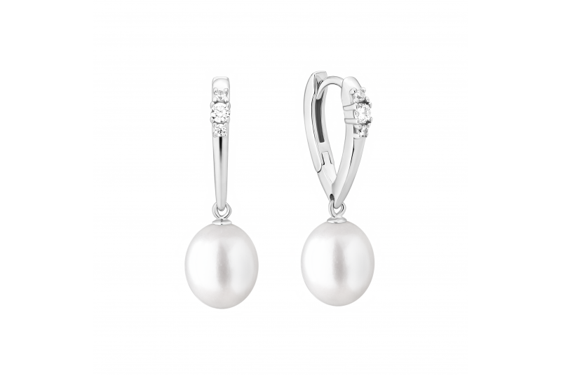 Recycled Sterling Silver Freshwater Pearl Hoops with CZ