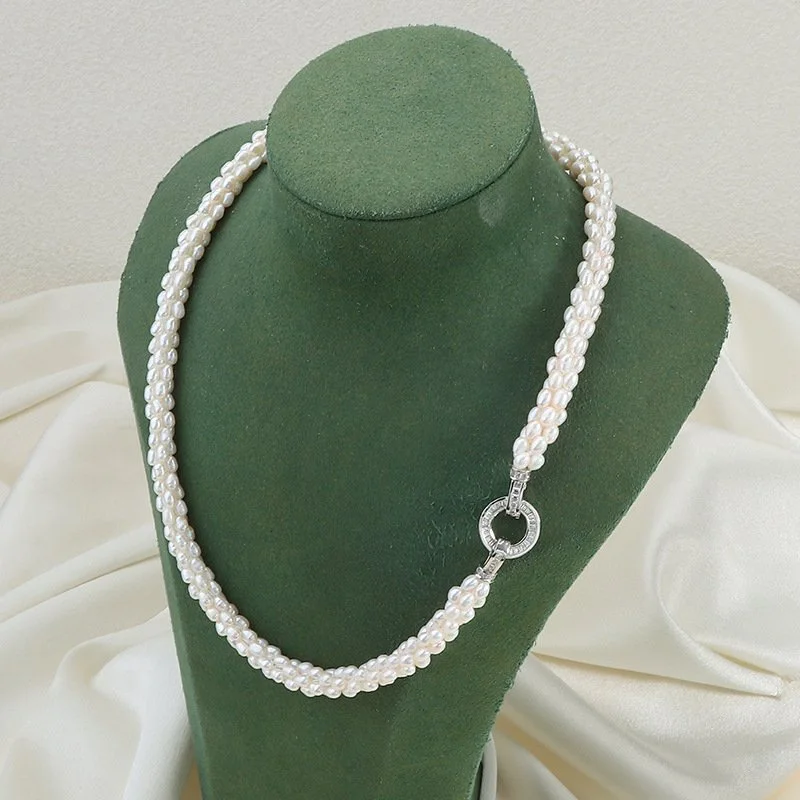 Rice Pearl Caterpillar Necklace with Recycled Silver & Baguette CZ