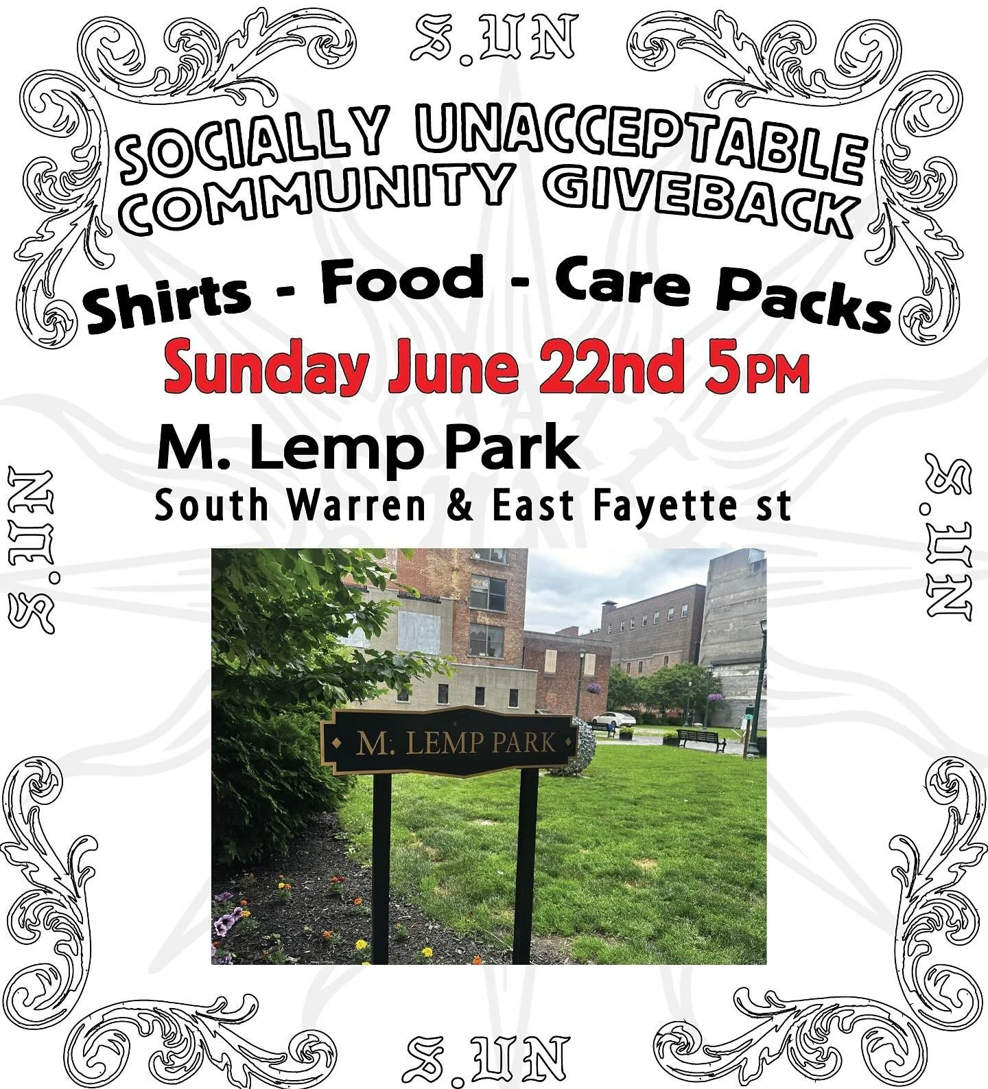 Meet us sunday the 22nd at 5pm M. Lemp Park! giving back to the community is something we’re passionate about let us show you why #sociallyunacceptable #syracusefashion #community