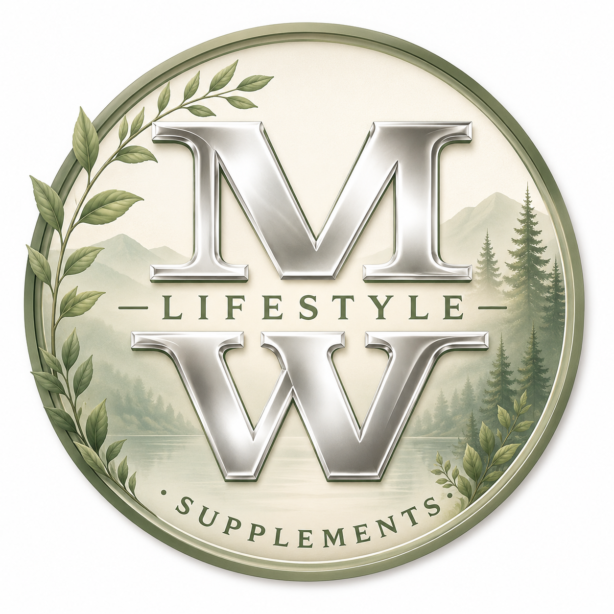 A circular logo with silver and green design featuring large metallic letters 'M' and 'W' with the word 'Lifestyle' between them and 'Supplements' at the bottom, surrounded by green leaves and a background of mountains and trees.