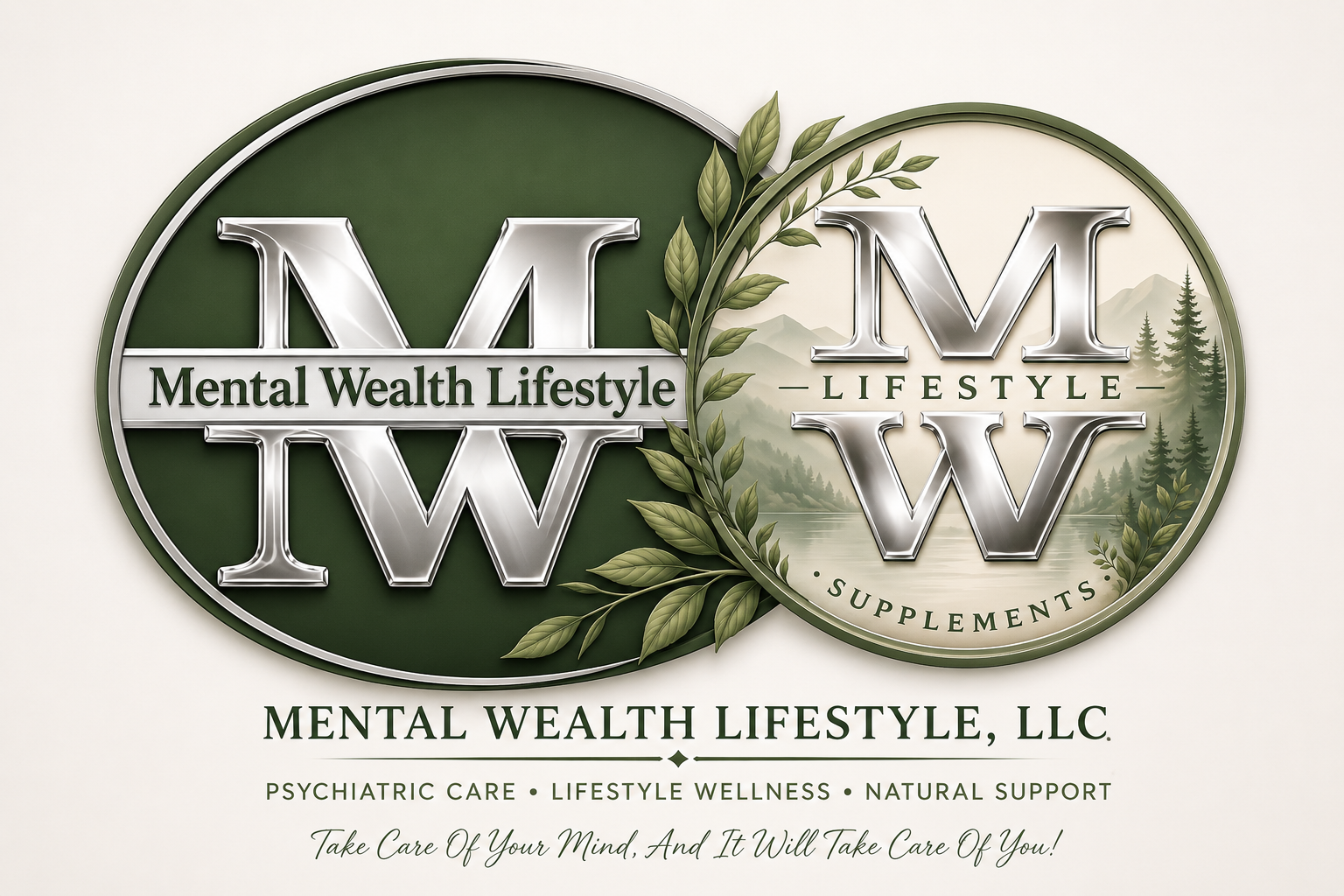 Logo for Mental Wealth Lifestyle, LLC with two overlapping circles, one dark green and one light green, featuring a mountain landscape with trees. Text includes 'Mental Wealth Lifestyle' and 'Supplements,' with additional phrases about psychiatric care, wellness, and natural support.