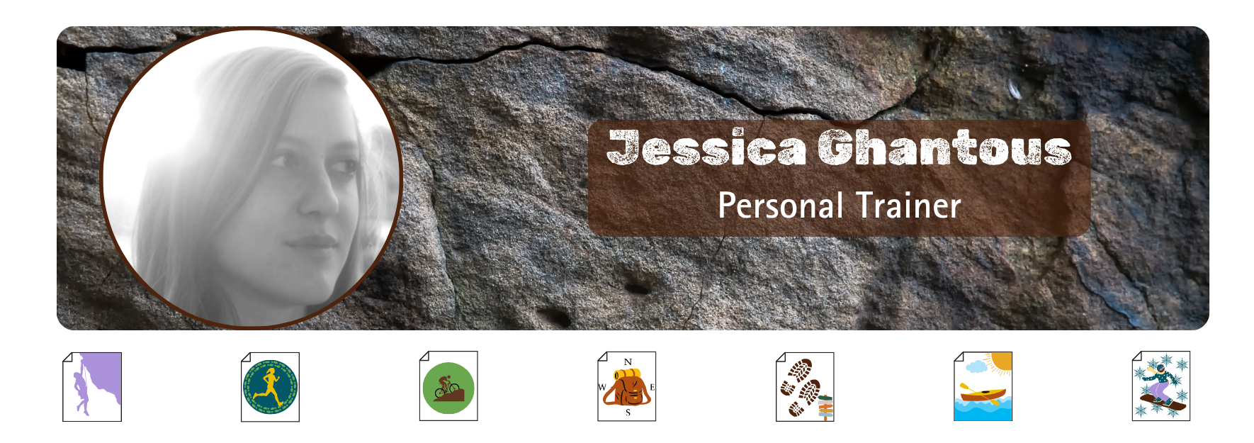 Headshot of Jessica Ghantous on the left with name and words "Personal Trainer" on the right. On the bottom are her adventure icons.