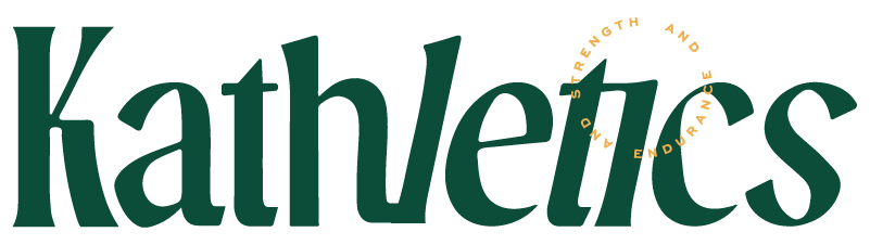 Logo for Kathletics with letters in dark green and circular yellow words saying strength and endurance.