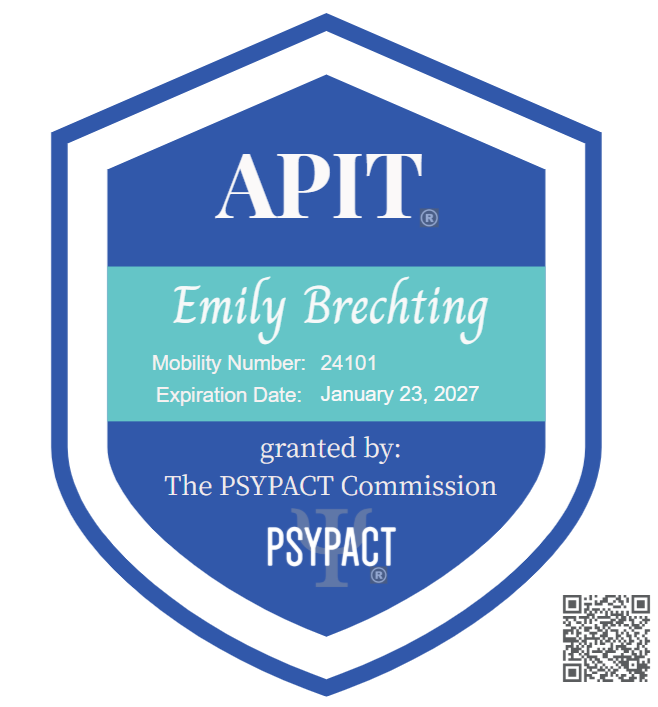 Shield-shaped badge with APIT and PSYPACT logos, personalized for Emily Brecht­ing, with mobility number 24101, expiring January 23, 2027, granted by the PSYPACT Commission.