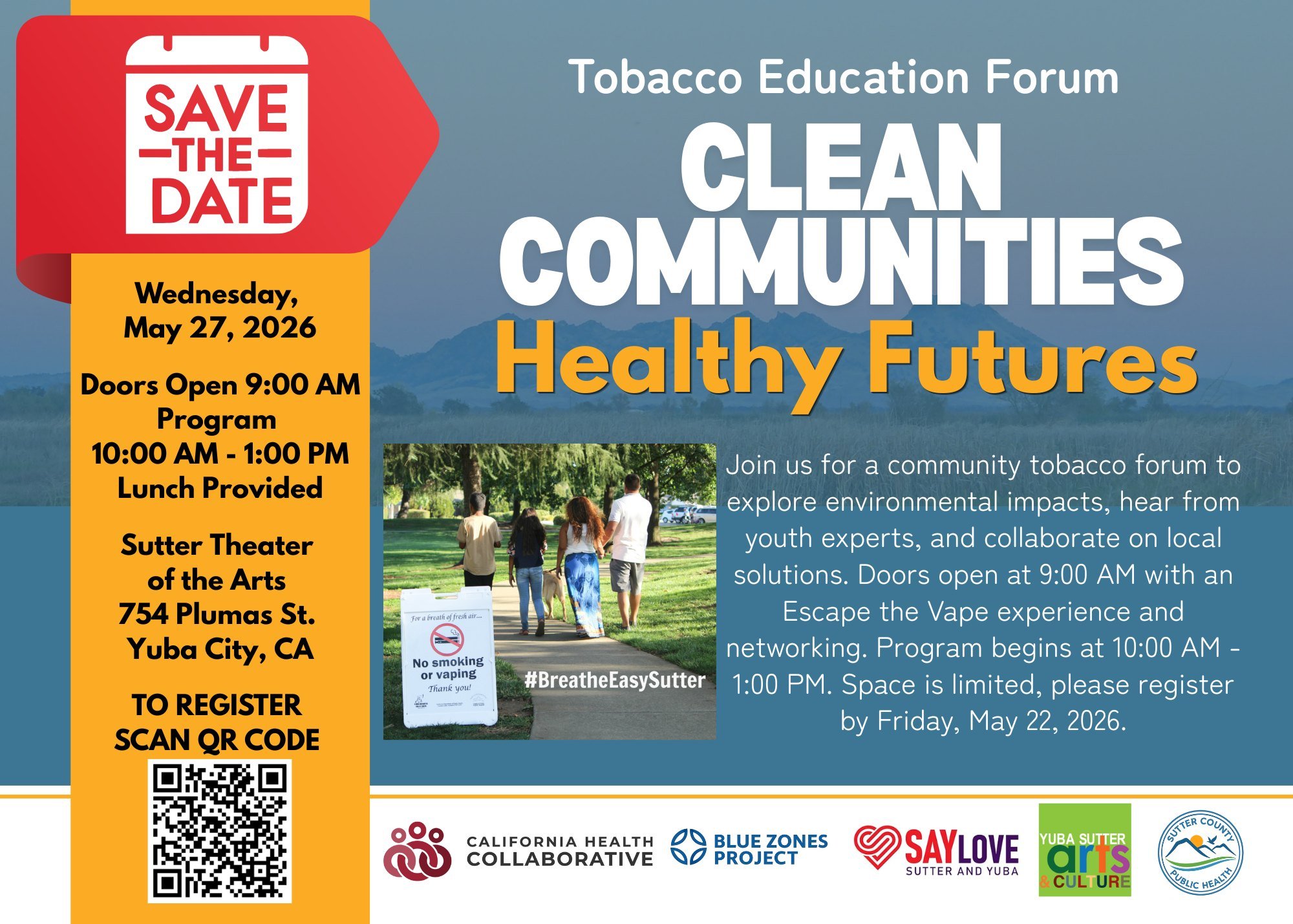 We are pleased to invite you to attend Clean Communities, Healthy Futures, a tobacco education forum focused on the environmental impacts of tobacco use and waste.
 
This event will feature expert speakers, interactive discussions, and opportunities 