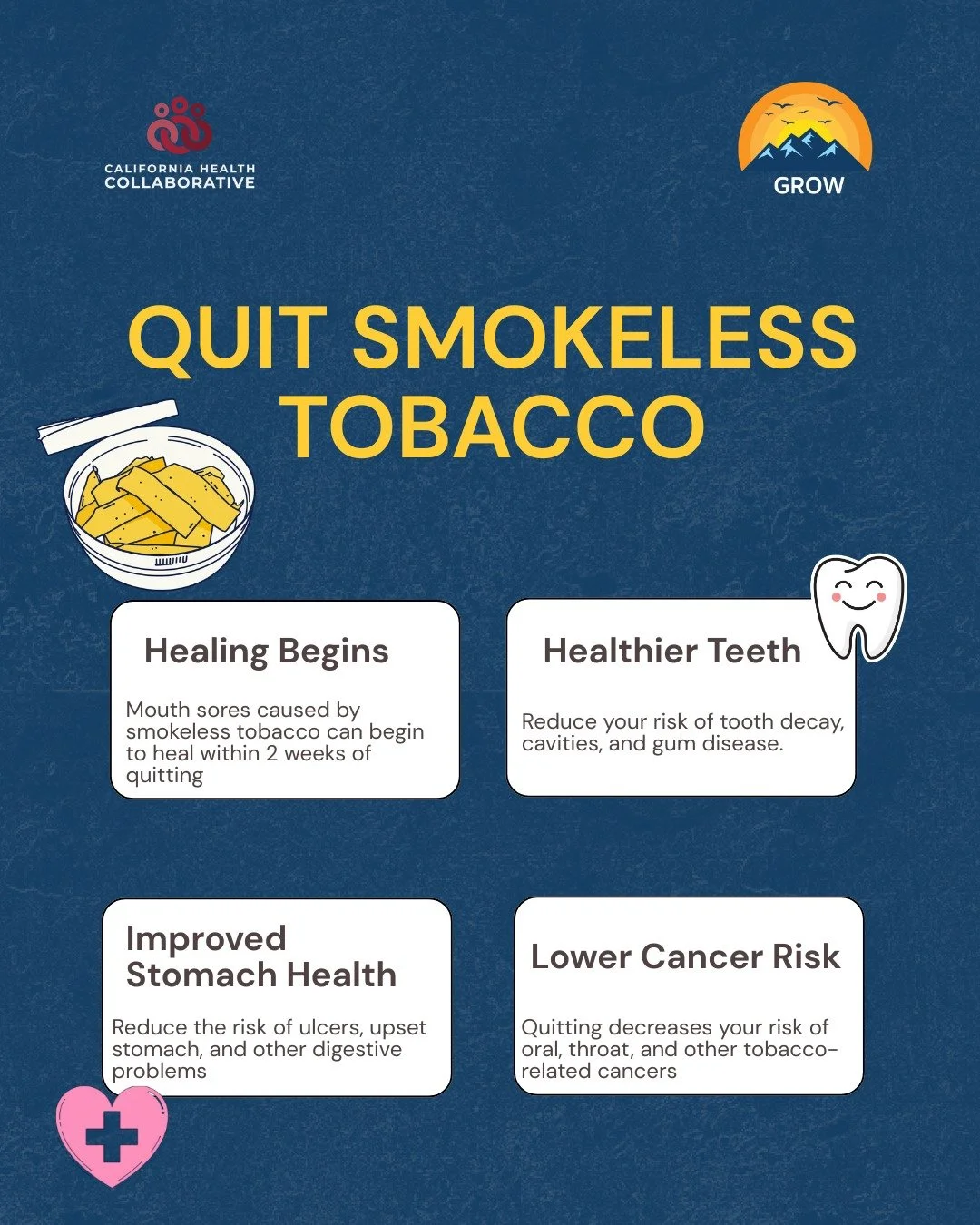 The health risks of smokeless tobacco affecting multiple parts of the body. Quitting today can help reduce long-term health risks and support your body's natural healing process. 

Free resources:
 📞 Call 1-800-300-8086
 💬 Text &ldquo;QUIT&rdquo; t