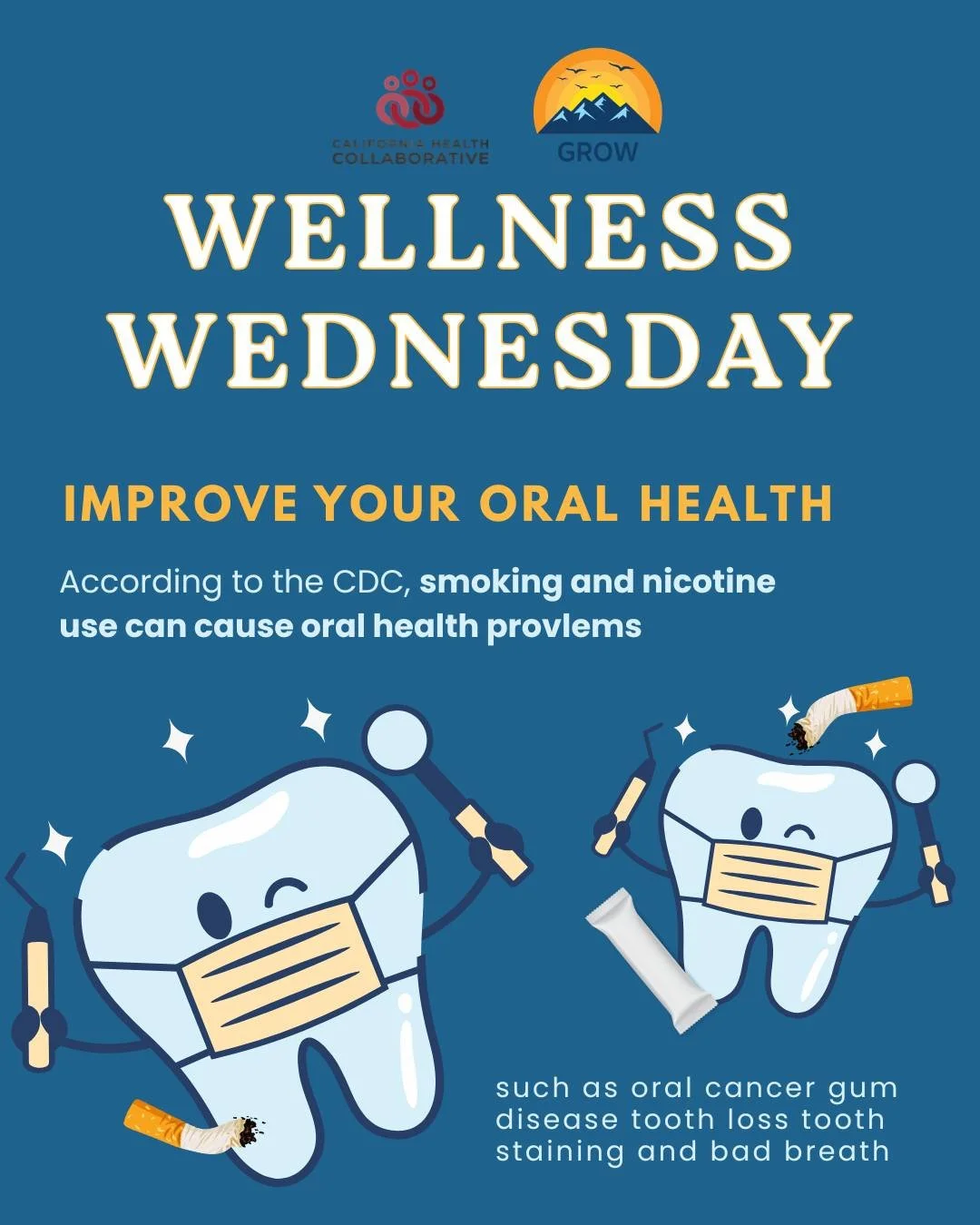 Many tobacco-related oral health conditions are preventable. Choosing to quit tobacco and nicotine products can help lower the risk of disease, improve overall health outcomes, and future. 

Free resources:
📞 Call 1-800-300-8086
💬 Text &ldquo;QUIT&