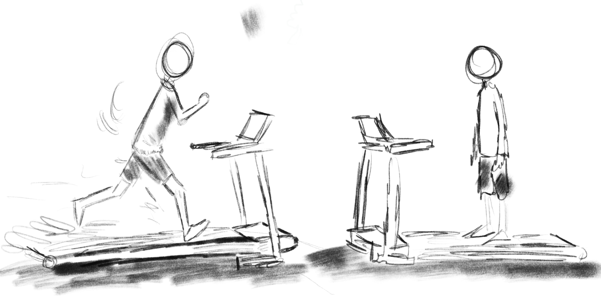 Hand-drawn sketch of two people on treadmills, one walking quickly while another stands still observing beside an inactive treadmill.