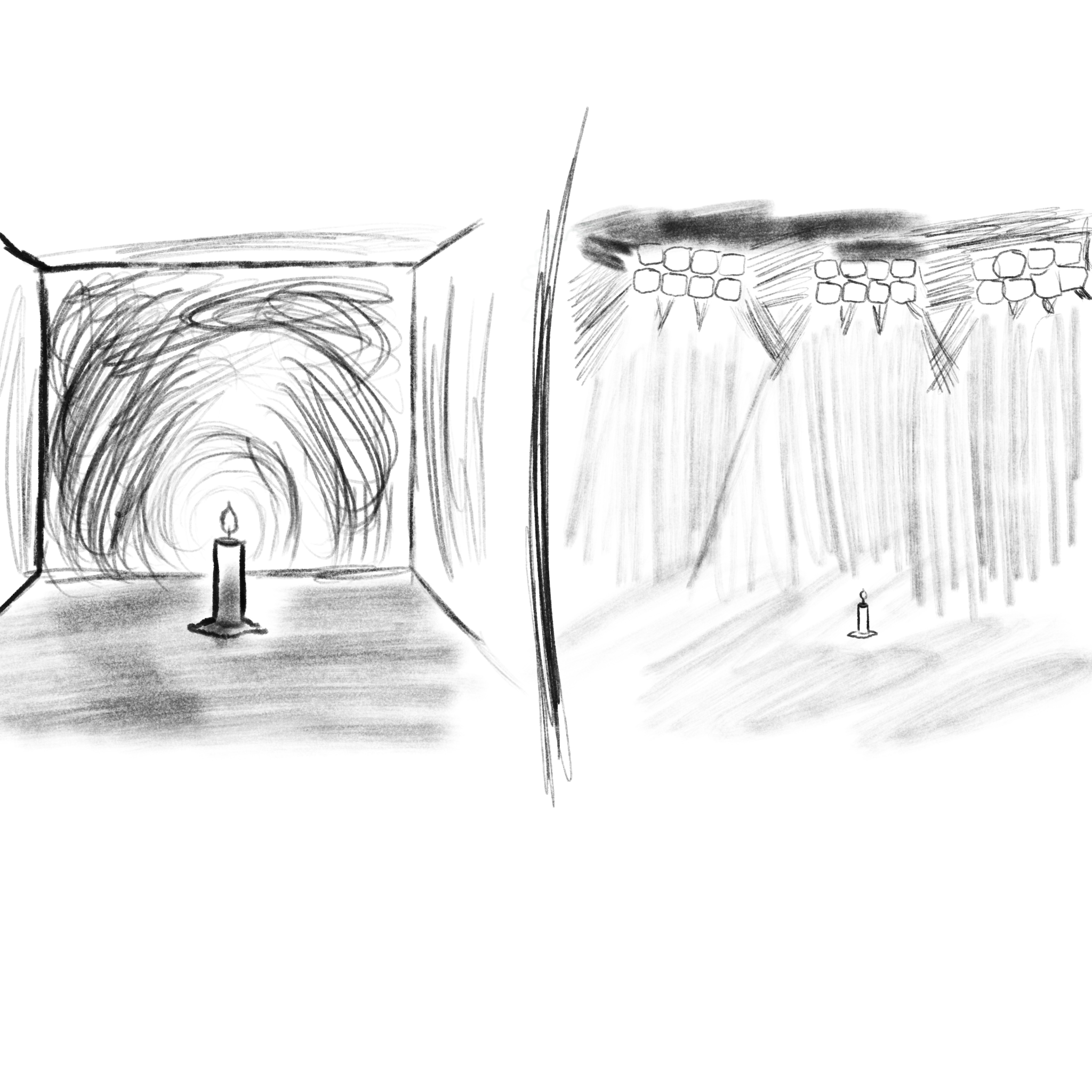 Hand-drawn sketch showing the same candle in a dark room and under bright stadium lights.