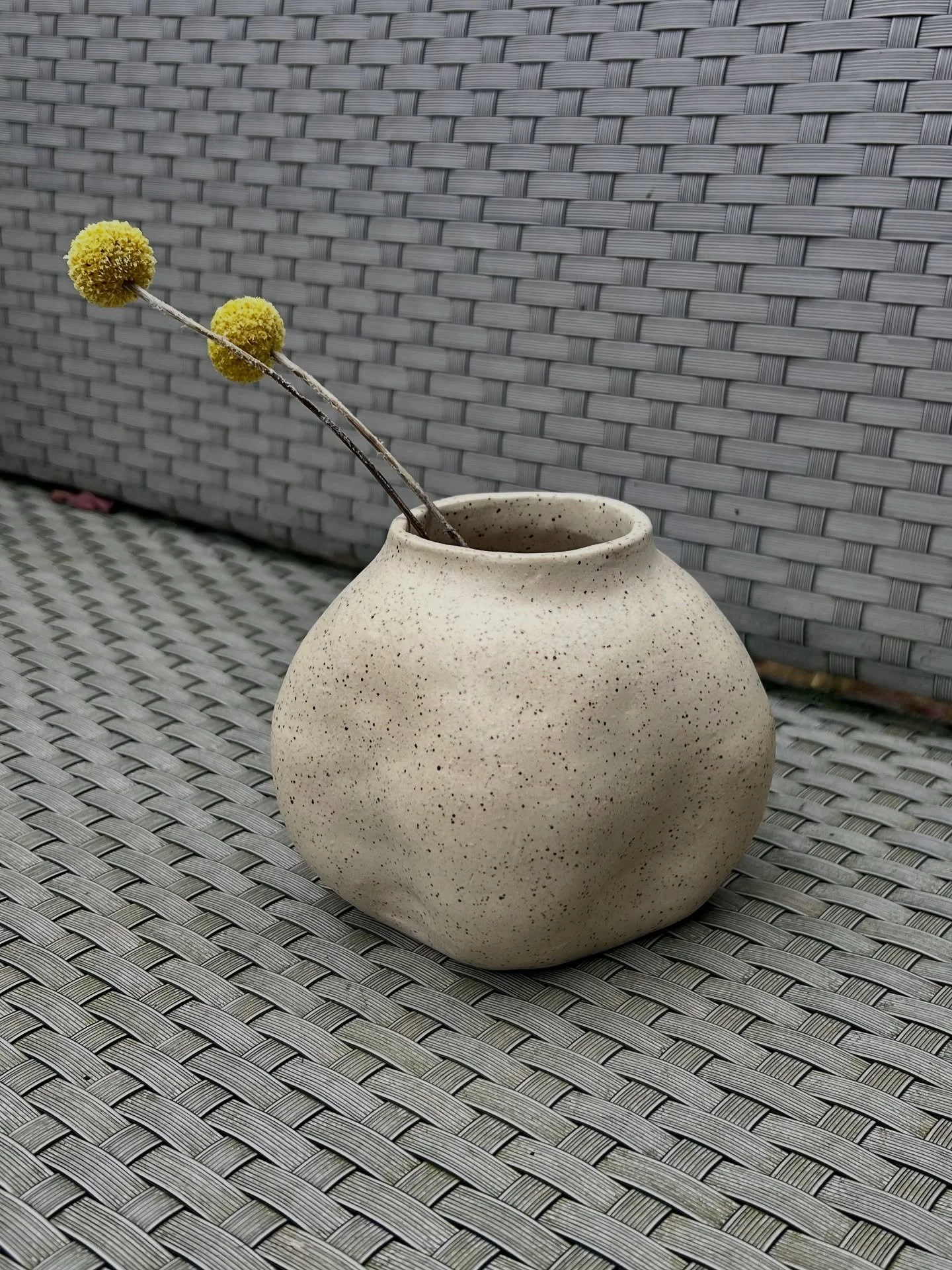 this speckled, rotund, &amp; stumpy vase came just in time for pumpkin 🎃 season! it&rsquo;s matte on the outside and glossy on the inside so you can fill with water for your flowers 💐 it also matches with the specked bubble vase to add some height 