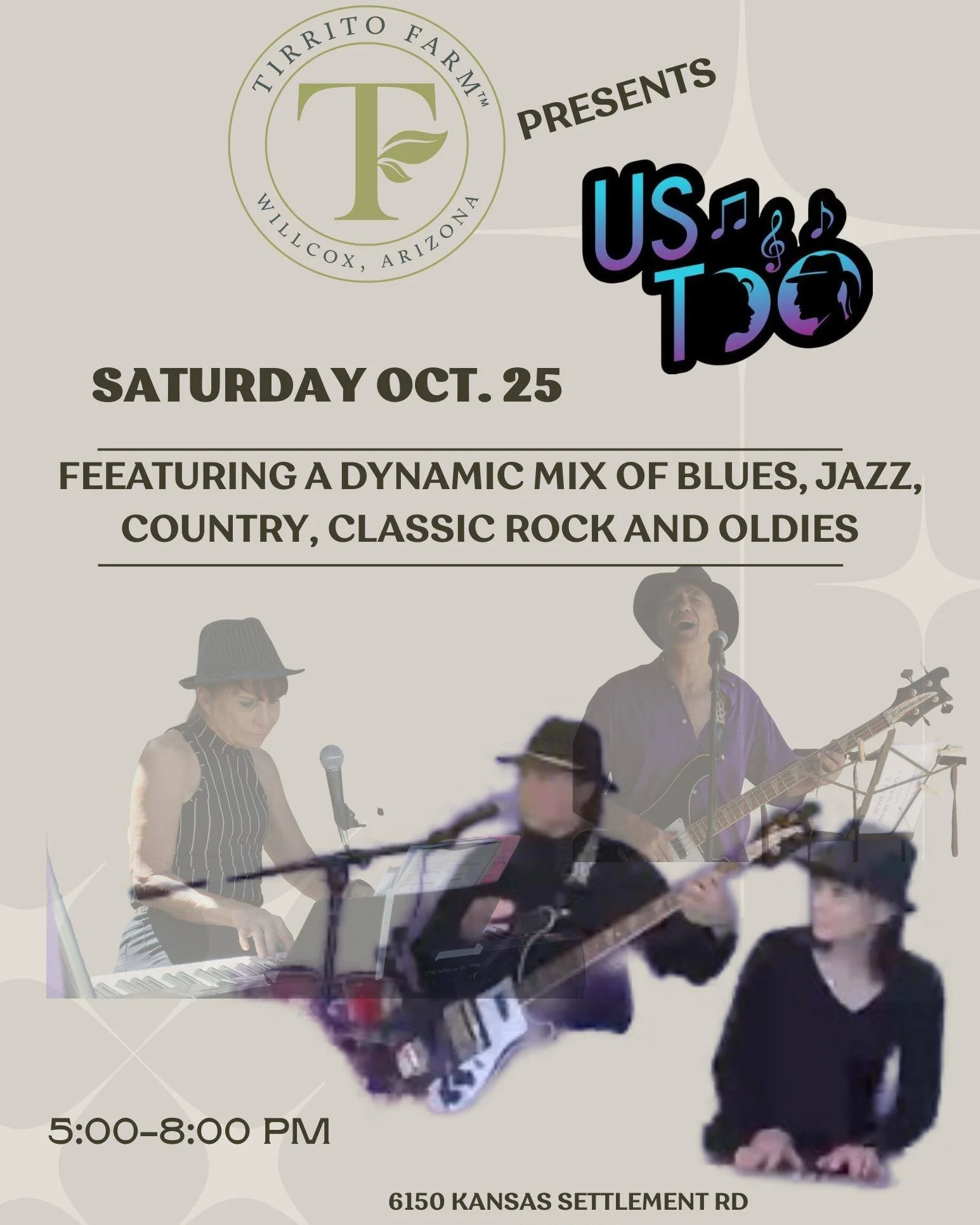 🎶 Live Music at Tirrito Farm &ndash; Saturday, Oct. 25! 🎶
Join us for an evening with Us Too, bringing a dynamic mix of blues, jazz, country, classic rock, and oldies that&rsquo;ll keep your toes tapping all night long!

🍷 Enjoy craft beer, wine, 