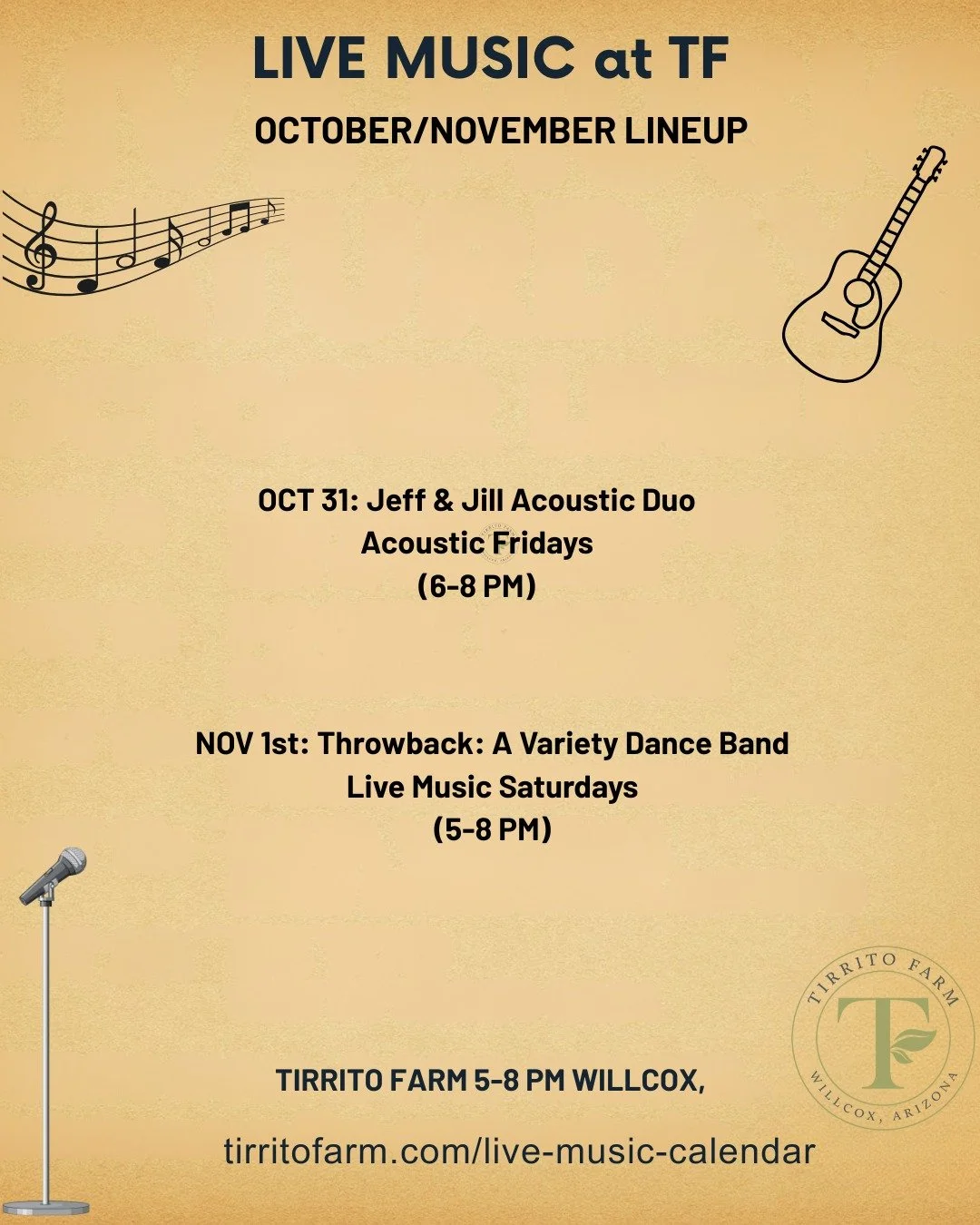 🎸 Something new is strumming at Tirrito Farm!
We&rsquo;re kicking off Acoustic Fridays &mdash; a relaxed evening of great music, local beer, and farm-fresh food under the stars.

🎶 This week: Jeff &amp; Jill Acoustic Duo (Oct 31, 6&ndash;8 PM)
🎵 S