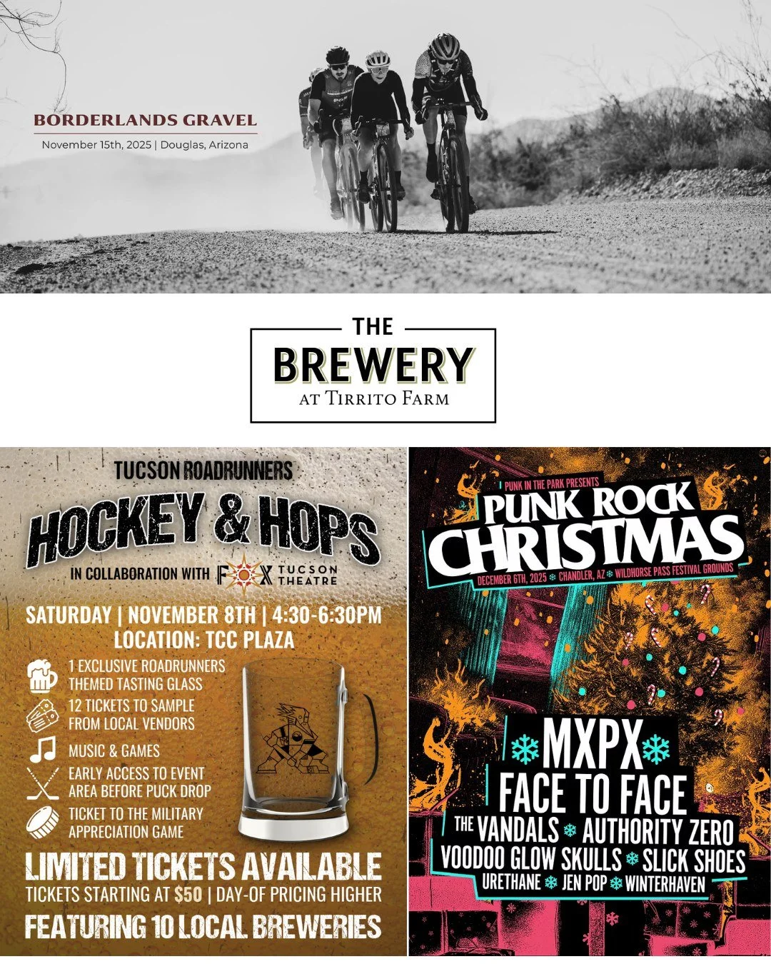 Tirrito Farm is hitting the road! 🚐🍻
We&rsquo;re pouring at some of Arizona&rsquo;s biggest fall events &mdash; come grab a pint, say hey, and show your support for local craft.

📍 Nov 8 &ndash; Hockey &amp; Hops, Tucson
Game-day brews with the Tu