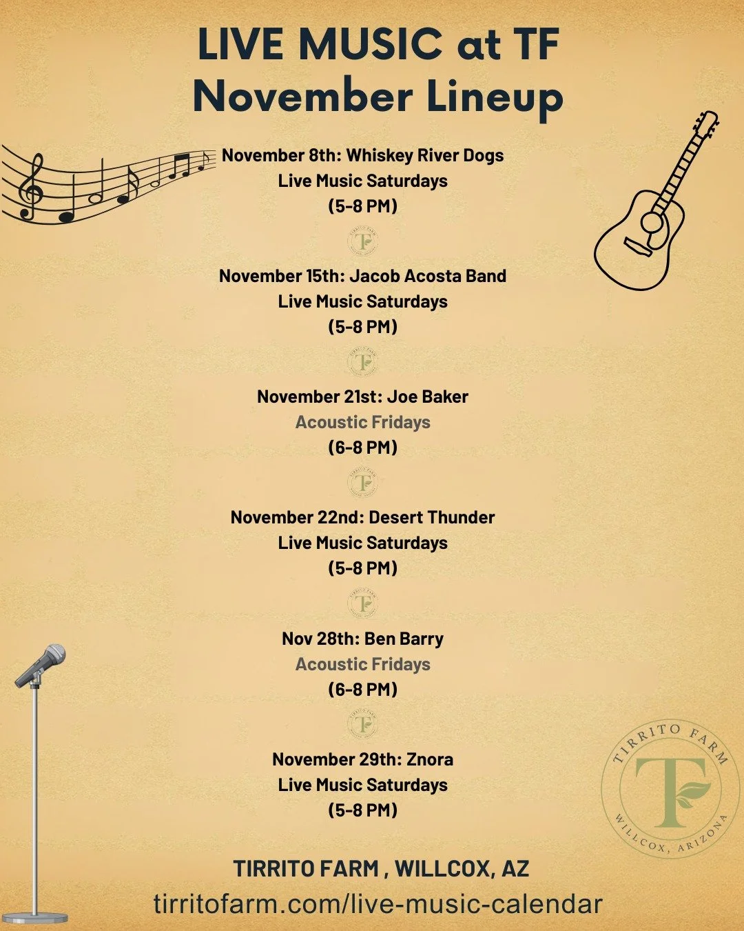 Lots of live music in November.  The weather is perfect.  Hope to see you at the farm

 #tirritowines #livemusicsaturdays #livemusicsaturday #thekitchenattirritofarm #azcraftbeer #thingstotryinwillcoxaz #thingstodowinwillcoxaz #relax #tirritofarms #t