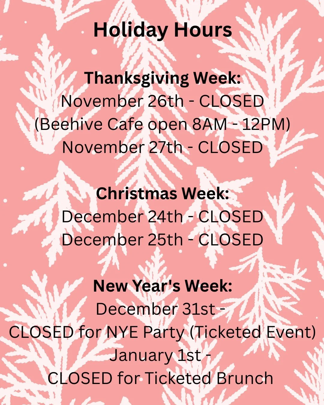 ✨ Holiday Hours + A Peaceful Getaway at Tirrito Farm ✨

The holidays are almost here, and we wanted to share our updated hours so you can plan your visits:

🦃 Thanksgiving Week
&bull; Nov 26 &mdash; CLOSED (Beehive Caf&eacute; open 8AM&ndash;12PM)
&