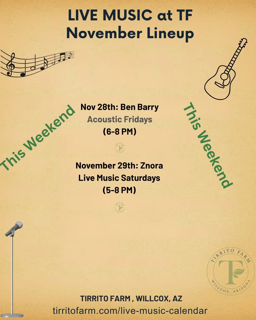A perfect way to finish off the month&mdash;live music at Tirrito Farm all weekend long. Ben Barry kicks things off Friday for Acoustic Fridays, and Znora brings the energy Saturday. Grab a drink, grab a seat, and ease right into the last weekend of 