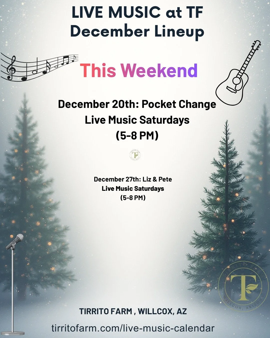 🎶 LIVE MUSIC THIS WEEKEND AT TF 🎶
Join us for Live Music Saturdays, 5&ndash;8 PM, all month long.

Dec 20: Pocket Change
Dec 27: Liz &amp; Pete

❄️ Winter Update:
To keep both our guests and our bands comfortable, we&rsquo;ve moved live music indoo
