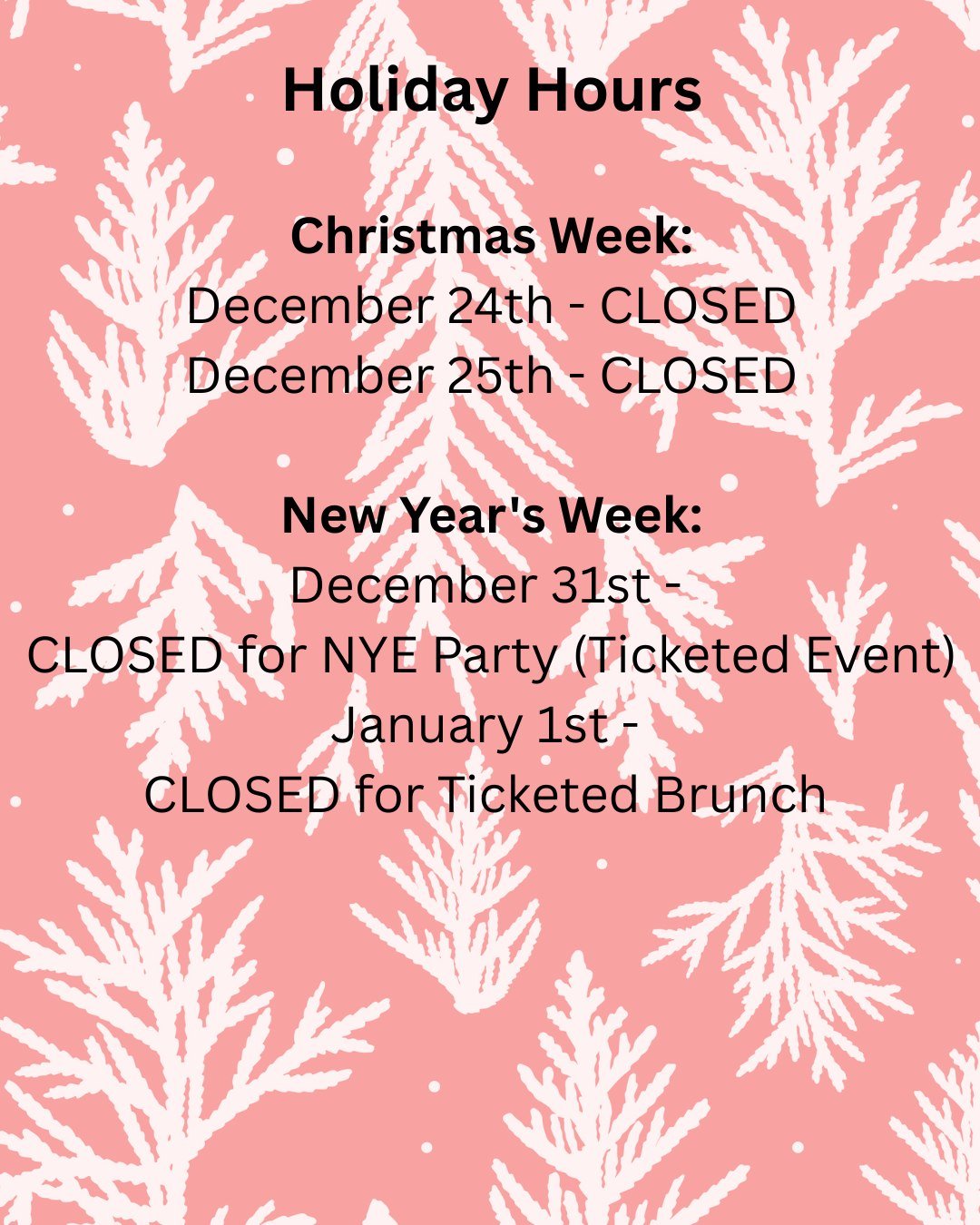 Here&rsquo;s a clean, clear rewrite you can drop straight onto the graphic or post as a caption&mdash;direct, calm, and just a touch festive 🎄😉

⸻

Holiday Hours Reminder 🎄

We&rsquo;ll be closed for regular service on:
&bull; December 24 &amp; 25