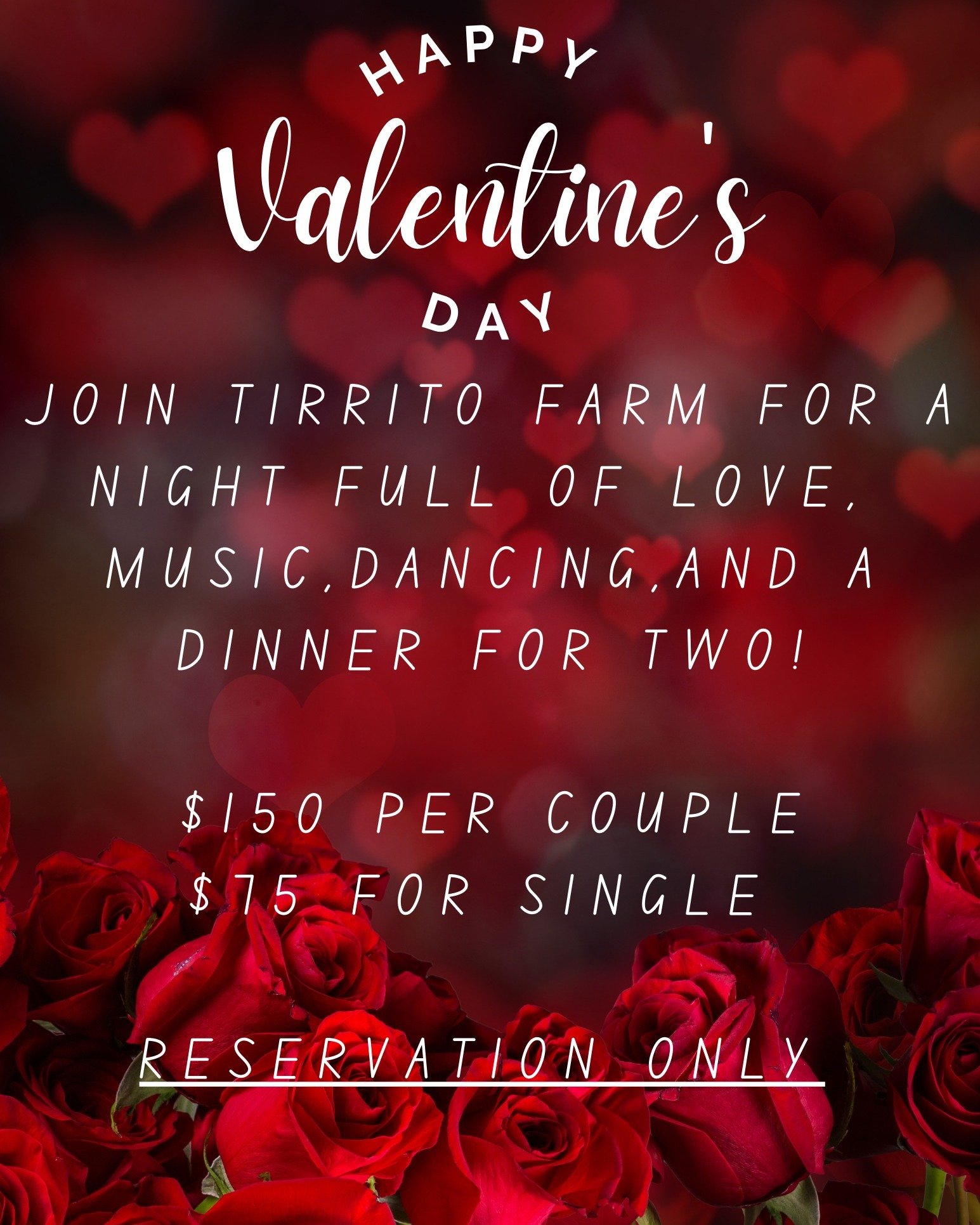 💘 Valentine&rsquo;s Day at Tirrito Farm 💘
Join us for a night full of love, music, dancing, and a curated dinner for two 🌹✨

💲 $150 per couple | $75 single
📍 Reservation only

📅 Reservations Open
📞 Call now to reserve: 520-200-7270
📧 Or email
