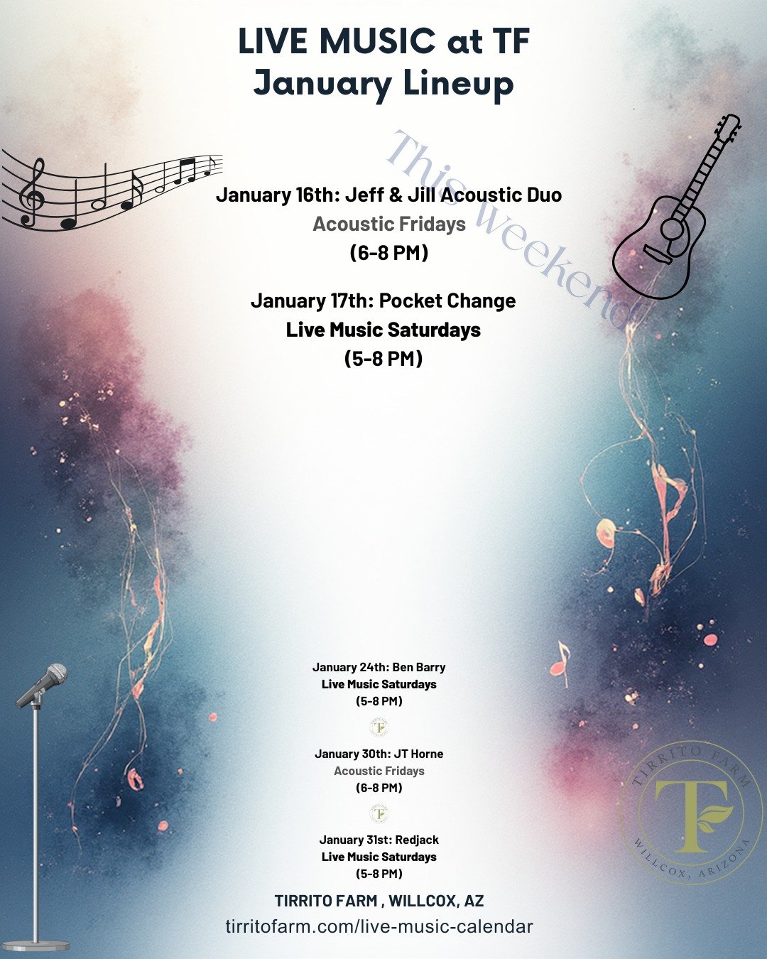 🎶 Live music this weekend at Tirrito Farm
🍺 Beer | 🍷 Wine | 🌵 Willcox vibes

 #AcousticFriday #tirritowines #livemusicsaturdays #livemusicsaturday #thekitchenattirritofarm #azcraftbeer #thingstotryinwillcoxaz #thingstodowinwillcoxaz #relax #tirri
