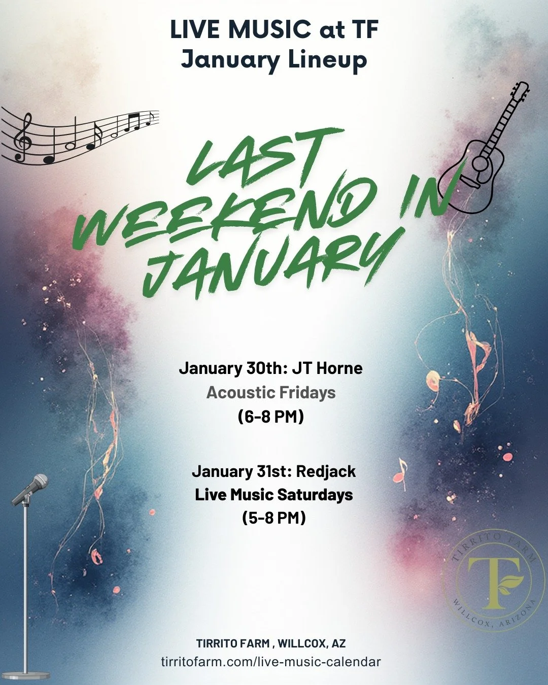 🎶 Last Weekend of Live Music in January 🎶
Join us at Tirrito Farm for one more great weekend of music, beer, and wine.
Friday acoustic vibes. Saturday night live music.
Come out and close January the right way.

 #AcousticFriday #tirritowines #live