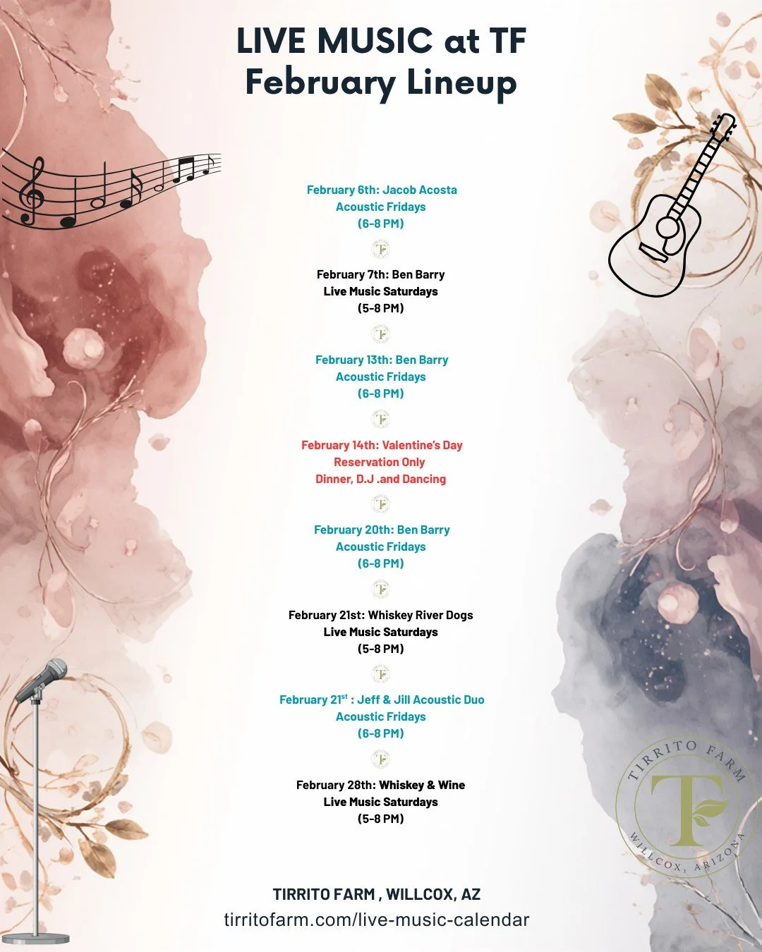 🎶 February is stacked at Tirrito Farm 🎶

Acoustic Fridays, Live Music Saturdays, and a Valentine&rsquo;s Day reservation-only dinner with DJ &amp; dancing&mdash;February&rsquo;s bringing the vibes.

🍷 Date nights
🍺 Weekend hangs
🎶 Live music eve