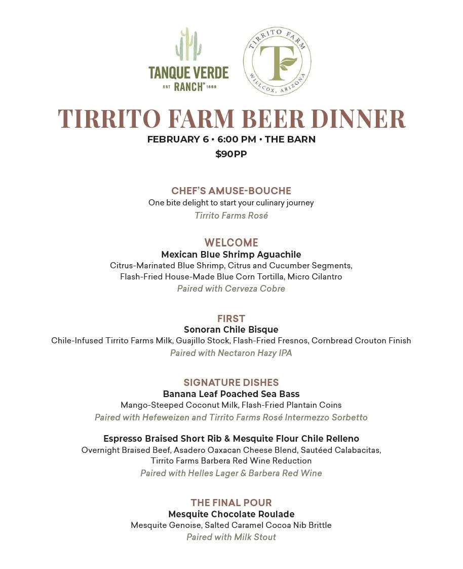 THIS FRIDAY

🍺🍷 Tirrito Farm Beer &amp; Wine Dinner 🍷🍺

An elevated pairing dinner featuring Tirrito Farm craft beer and estate wine, hosted at the iconic @tanqueverderanch 

📅 February 6
🕕 6:00 PM
💵 $90 per person
🎟️ Reserve Now: Space is li