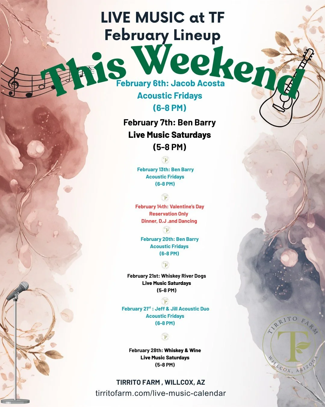🎶 This Weekend at Tirrito Farm 🎶

Live music, good drinks, and no reason to stay home.
Kick off February with acoustic vibes on Friday and live music on Saturday, all in our relaxed farm setting.

🍺 Craft beer
🍷 Estate wines
🎶 Music in newly des