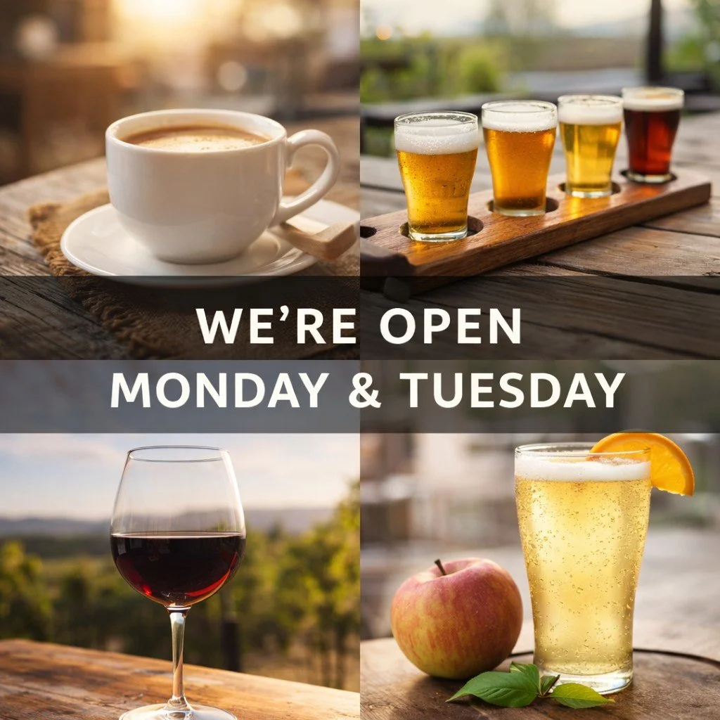 Remember, we&rsquo;re OPEN Monday &amp; Tuesday ☕🍺🍷

Start your week at the farm.

Coffee in the morning, beer or wine in the afternoon&hellip; and yes, hard cider is now on the menu.

Swing by for a drink, a snack, or just a break from the usual.