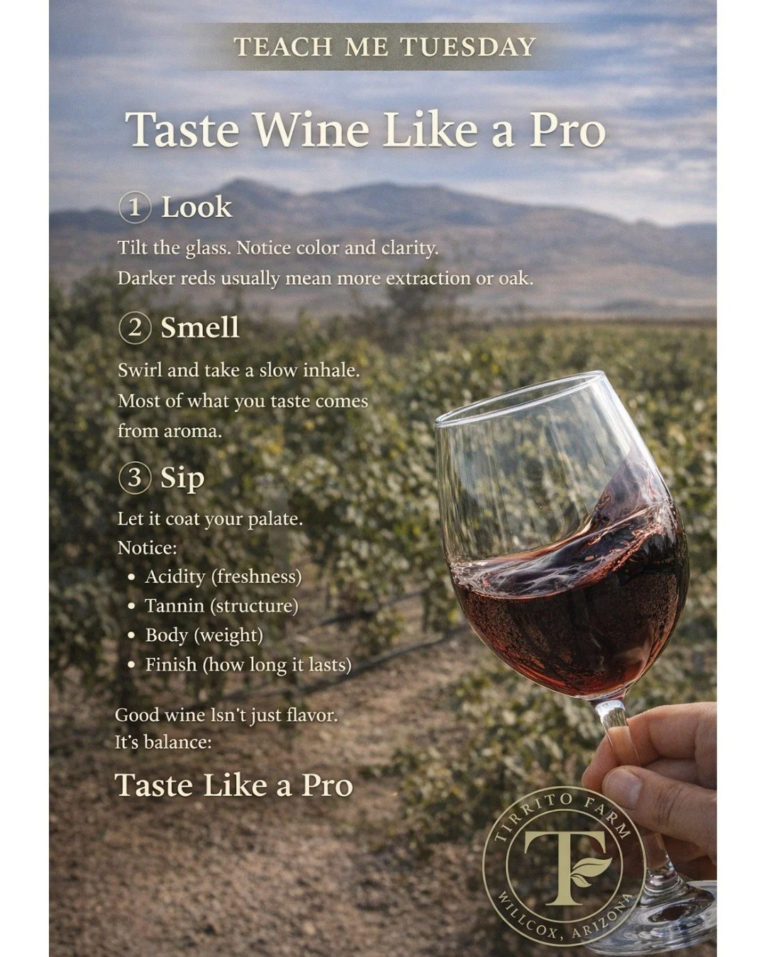 🍷 Teach Me Tuesday

How do you actually taste wine properly?

It&rsquo;s simpler than people think.

1️⃣ Look

Tilt the glass. Notice color and clarity.
Darker reds usually mean more extraction or oak.

2️⃣ Smell

Swirl and take a slow inhale.
Most 