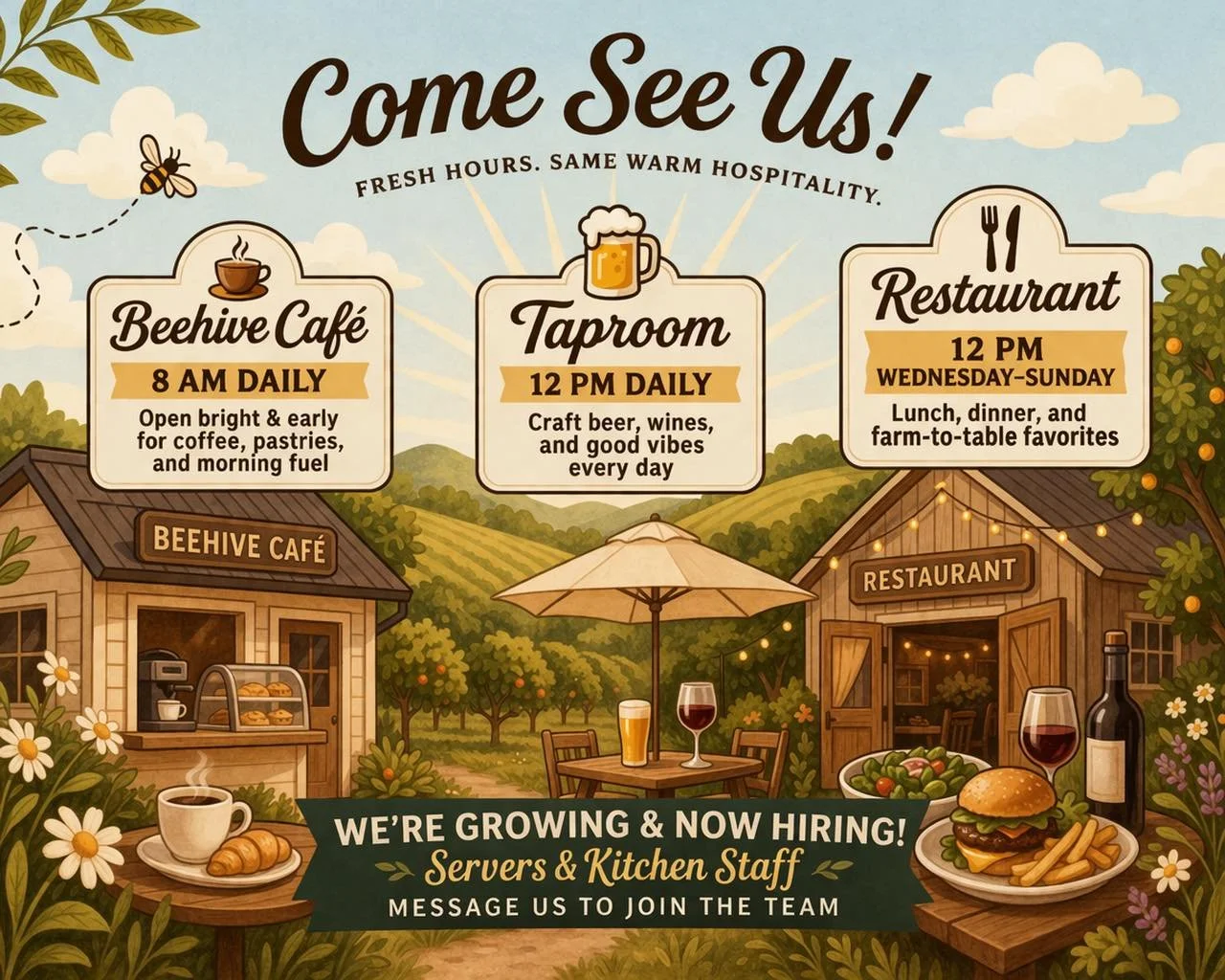 A little reset&hellip; and a little growth.

We&rsquo;ve adjusted our hours to give the team more time to recharge&mdash;so we can keep delivering the experience you expect.

☕ Beehive Caf&eacute;: 8 AM daily
🍺 Taproom: 12 PM daily
🍽️ Restaurant: 1