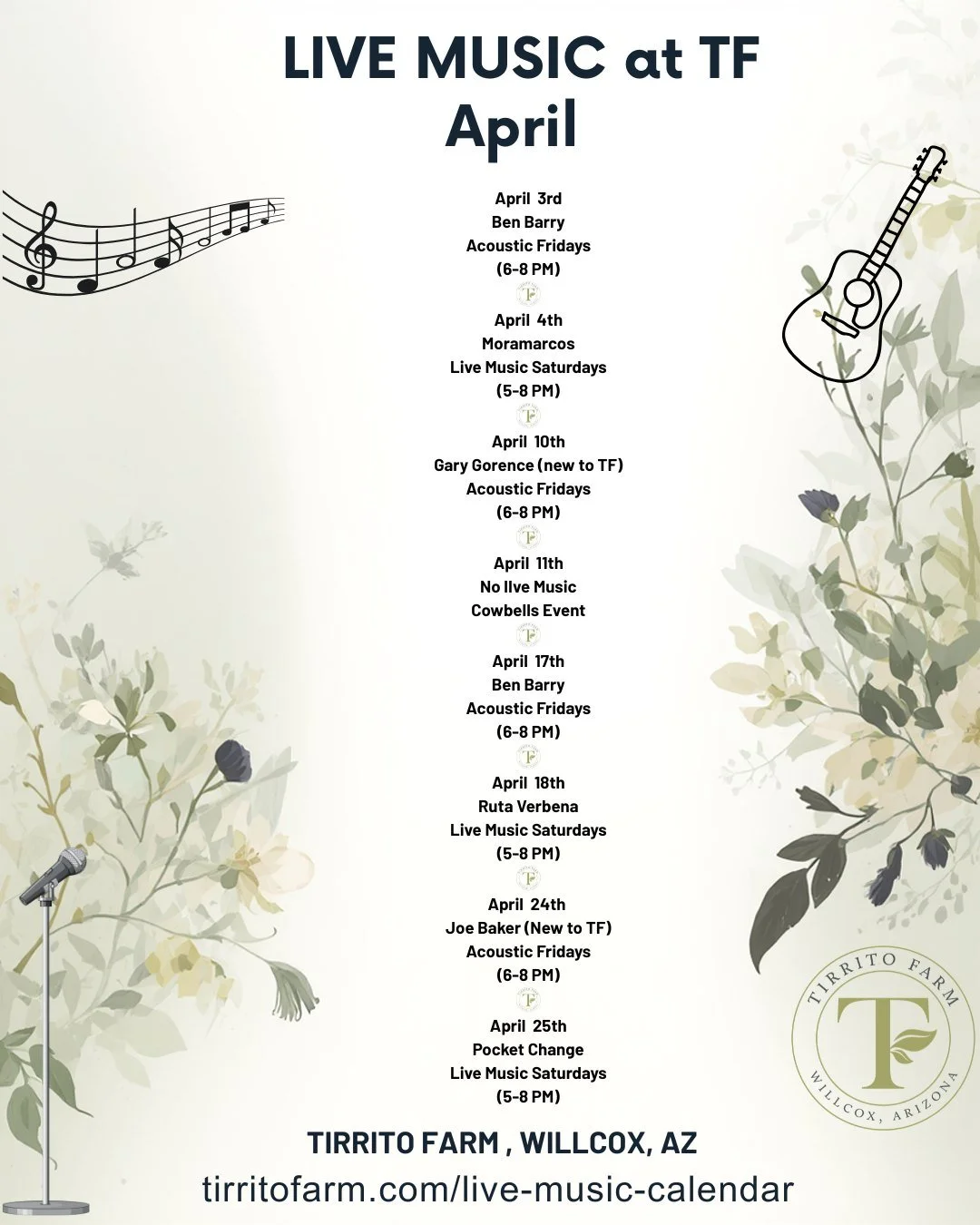 🎶 April is packed at Tirrito Farm 🎶
Live music, special events, good drinks, and great food all month long.

Come join us. 🍺🍷

 #AcousticFriday #tirritowines #livemusicsaturdays #livemusicsaturday #thekitchenattirritofarm #azcraftbeer #thingstotr