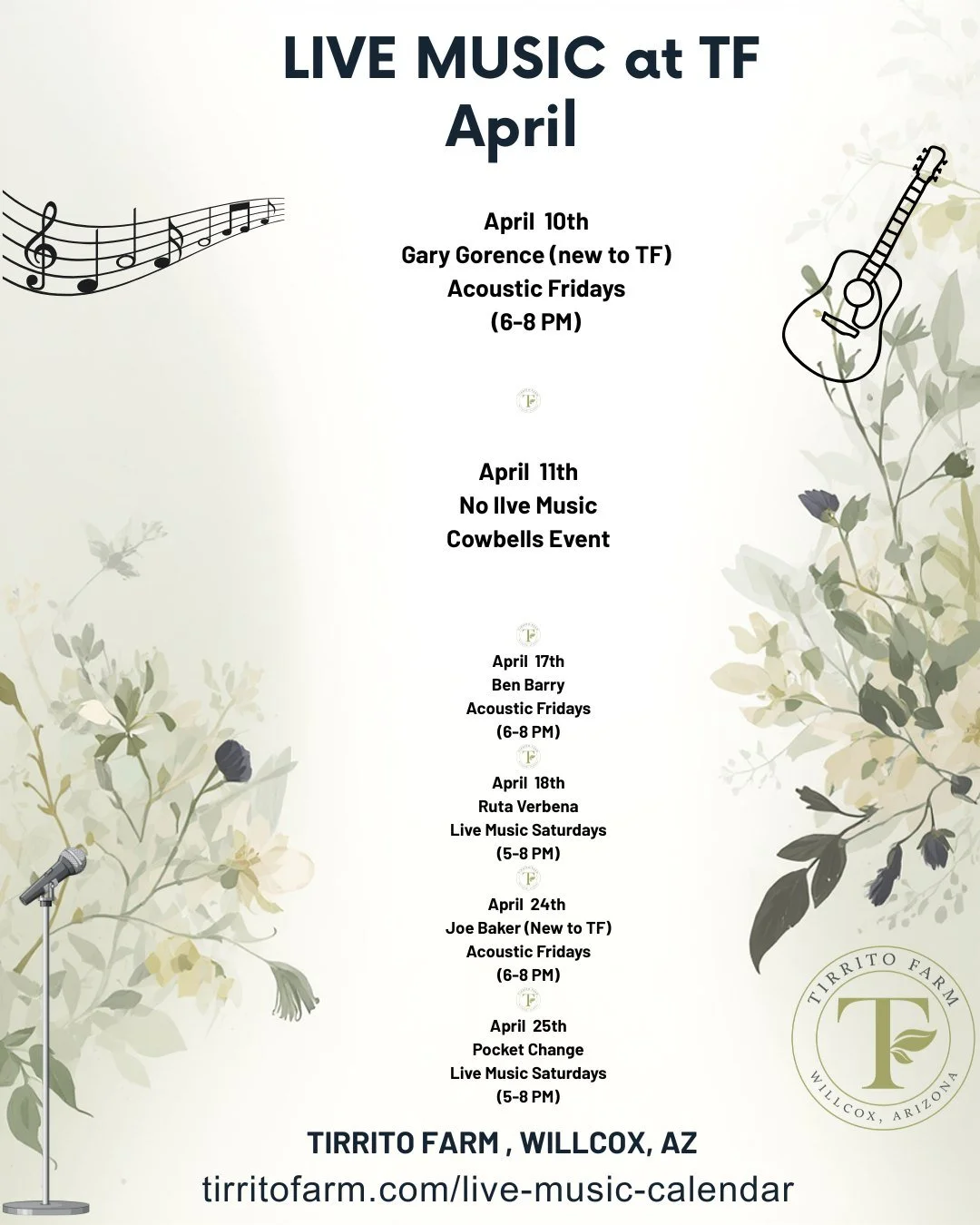 🎶 Acoustic Fridays at Tirrito Farm 🎶

This Friday we&rsquo;ve got Gary Gorence taking the stage &mdash; and he&rsquo;s bringing that laid-back, road-trip, Southwest vibe.

Gary is a singer-songwriter out of New Mexico blending rock, country, folk, 