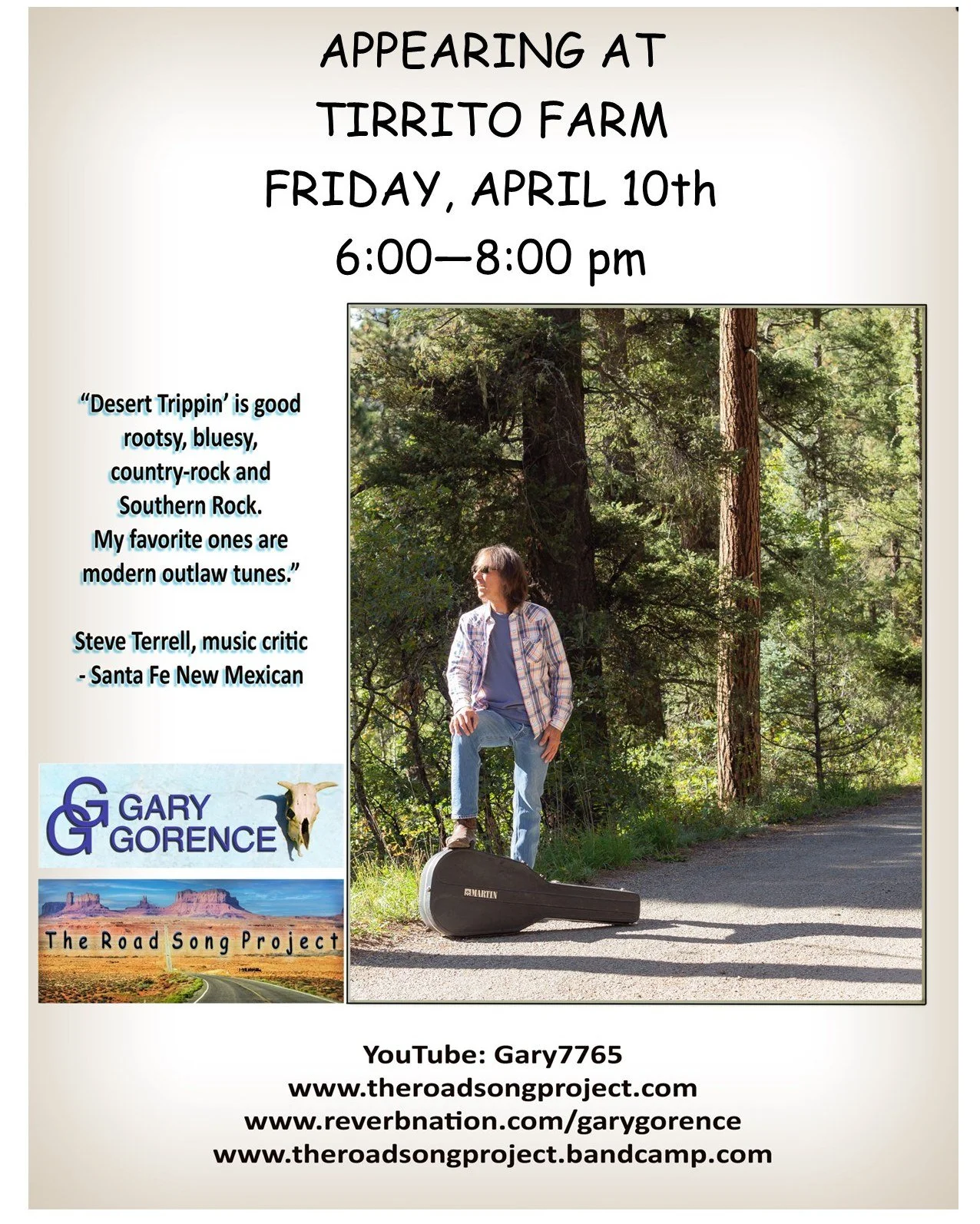 🎶 First time at Tirrito Farm! 🎶

Join us this Friday as we welcome Gary Gorence to Acoustic Fridays for the first time at TF.

Expect a great mix of rootsy, bluesy, country-rock and Southern rock&mdash;perfect for a relaxed evening on the farm.

🍺