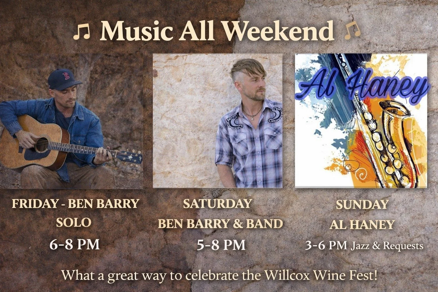 🎶 Music All Weekend at Tirrito Farm 🎶

What a great way to celebrate Willcox Wine Festival weekend&hellip;

Friday &ndash; Ben Barry (solo)
⏰ 6&ndash;8 PM

Saturday &ndash; Ben Barry &amp; Band 🔥
⏰ 5&ndash;8 PM

Sunday &ndash; Al Haney 🎷
⏰ 3&ndas
