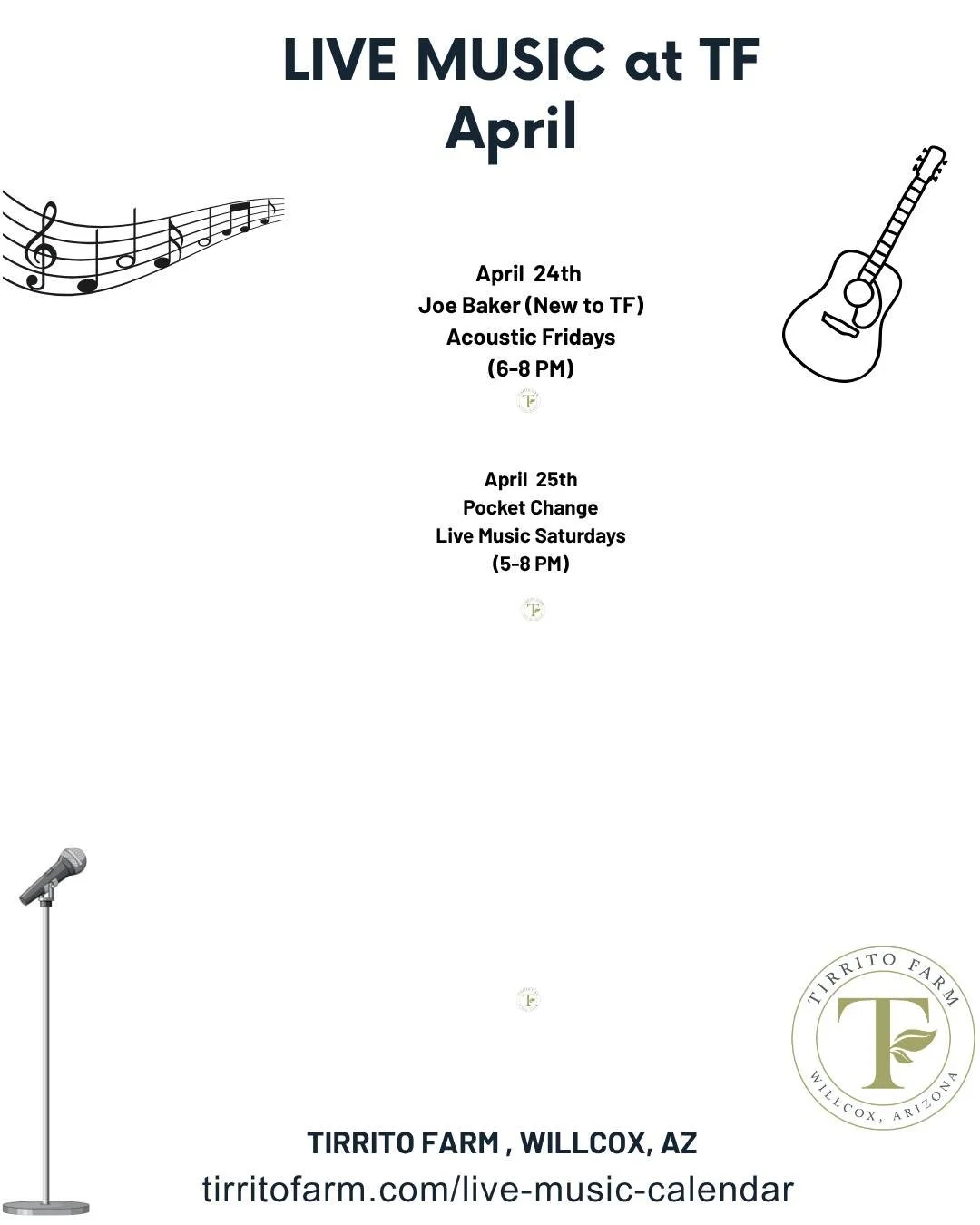 🎶 Live Music at Tirrito Farm &ndash; This Weekend 🎶

Kick back with great wine, cold beer, and live music under the Arizona sky.

Friday (Acoustic):
Joe Baker (New to TF) | 6&ndash;8 PM

Saturday (Live Music):
Pocket Change | 5&ndash;8 PM

Good vib