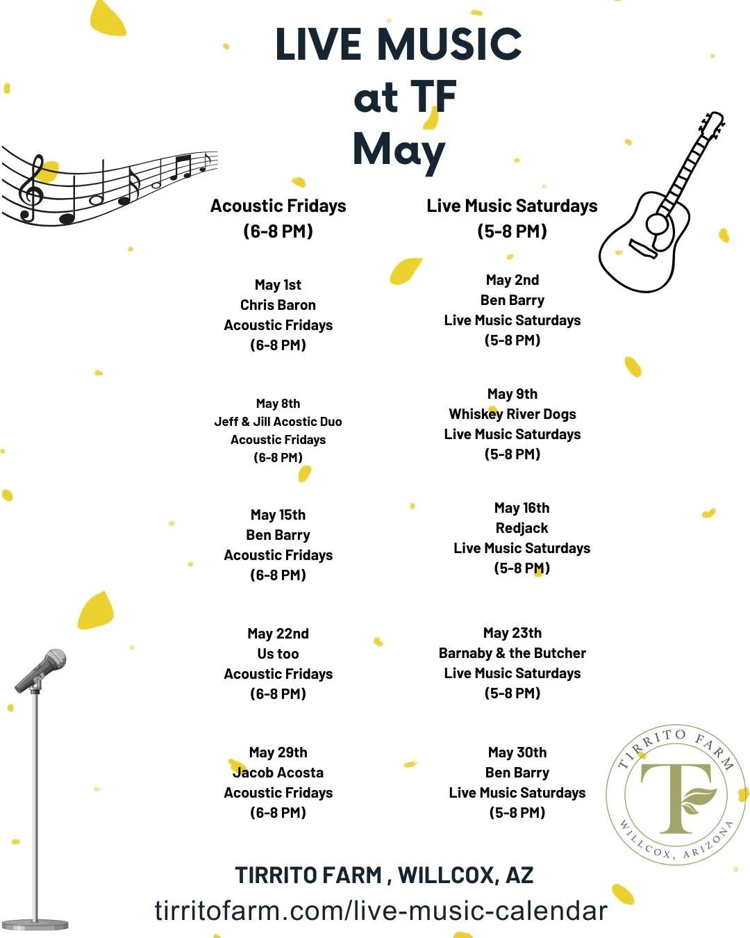 May at Tirrito Farm is loaded.

Live music every Friday &amp; Saturday with a killer lineup all month long.

Make a night of it&hellip; or better yet, make a weekend out of it.
Stay, drink, relax, repeat.

📍 Willcox, AZ
🍷🍺 Music, wine, beer, and w