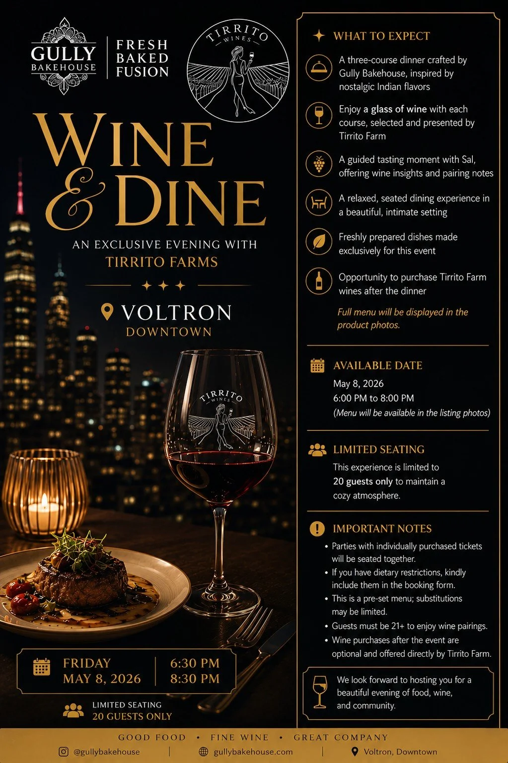 Join us Friday evening at Voltron, Downtown Tucson
Get your tickets here.

https://gullybakehouse.com/collections/easy-indian-cooking-classes/products/wine-dine