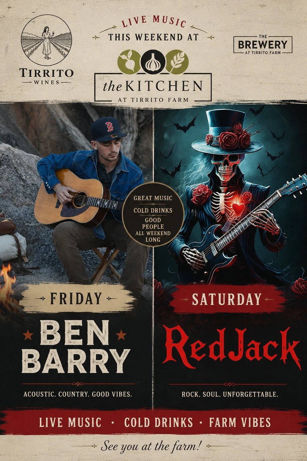 Live music all weekend long at Tirrito Farm 🎶🍷🍺

Friday night we slow things down with Ben Barry bringing acoustic country, campfire vibes, and the kind of music that pairs perfectly with a glass of wine and an Arizona sunset.

Then Saturday&helli
