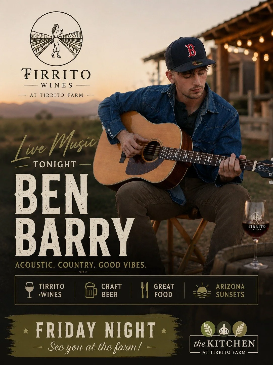Tonight at Tirrito Farm &mdash; Ben Barry live 🎶

Acoustic country, laid-back vibes, cold drinks, and one of the best sunset settings in Arizona.

Grab a craft beer, a glass of wine, or dinner from the new all-day menu and ease into the weekend the 