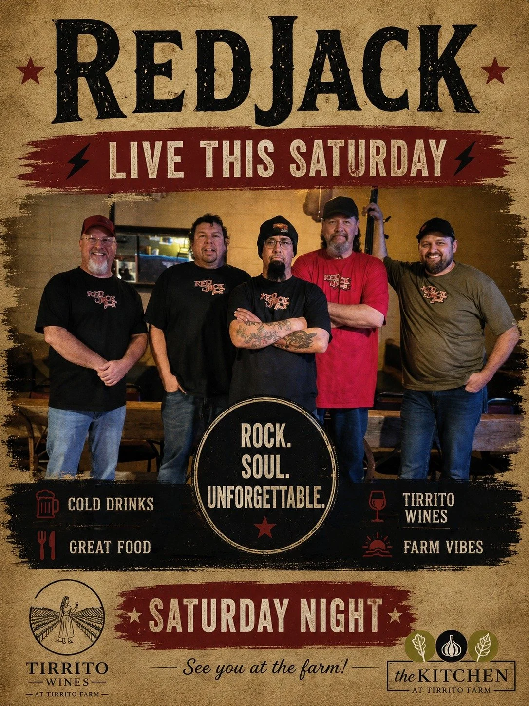 Tonight at Tirrito Farm &mdash; RedJack takes the stage 🎸🔥

Rock, soul, great music, cold drinks, and the kind of Saturday night energy that pairs perfectly with craft beer and Tirrito wines.

Come hungry. Stay late.
Because somewhere between the f