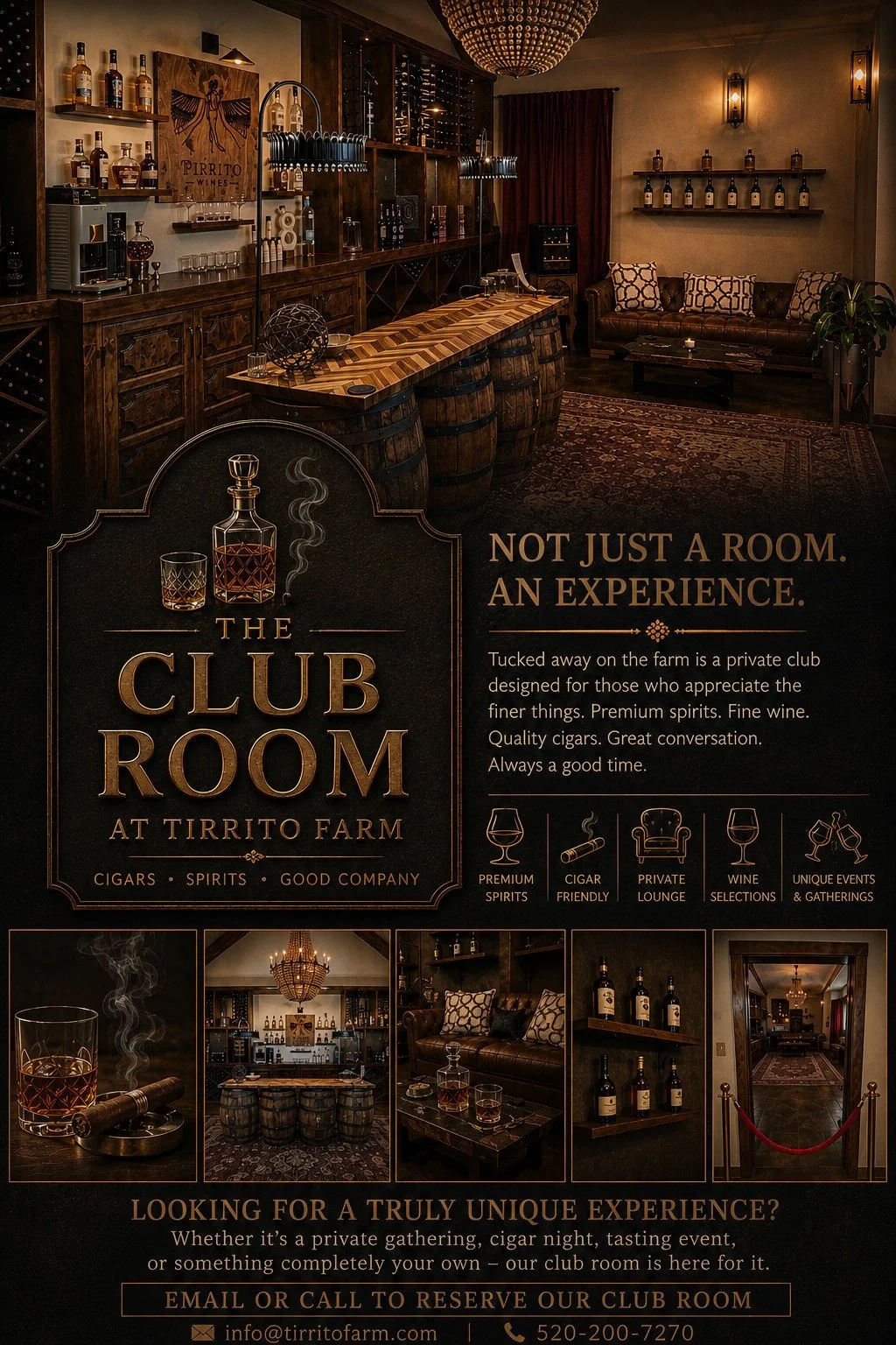 Some places are loud.
Some places are made for slowing down.

Tucked away inside Tirrito Farm is our private Club Room &mdash; a quiet space built for good conversation, premium spirits, fine wine, and the occasional cigar enjoyed the old-school way.