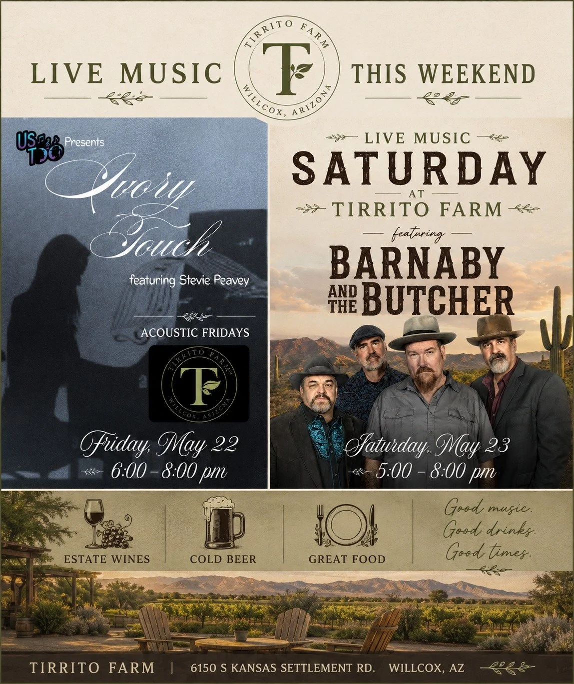 Two nights. Two completely different vibes. One great weekend at Tirrito Farm.

Friday night, unwind with the smooth sounds of Ivory Touch featuring Stevie Peavey during Acoustic Fridays from 6&ndash;8 PM. A relaxed evening of music, wine, craft beer