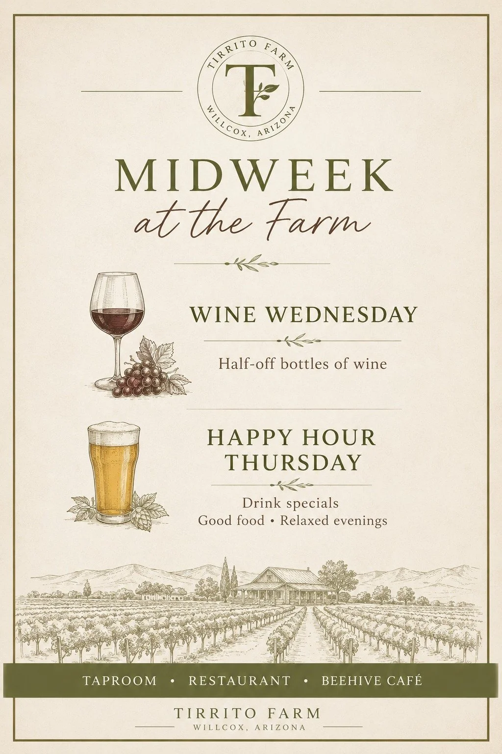 Let&rsquo;s be honest&hellip; the middle of the week deserves a little reward. 🍷🍺

Join us at Tirrito Farm for our weekly midweek specials:

🍷 Wine Wednesday &mdash; half-off bottles of wine
🍺 Happy Hour Thursday &mdash; drink specials and a grea