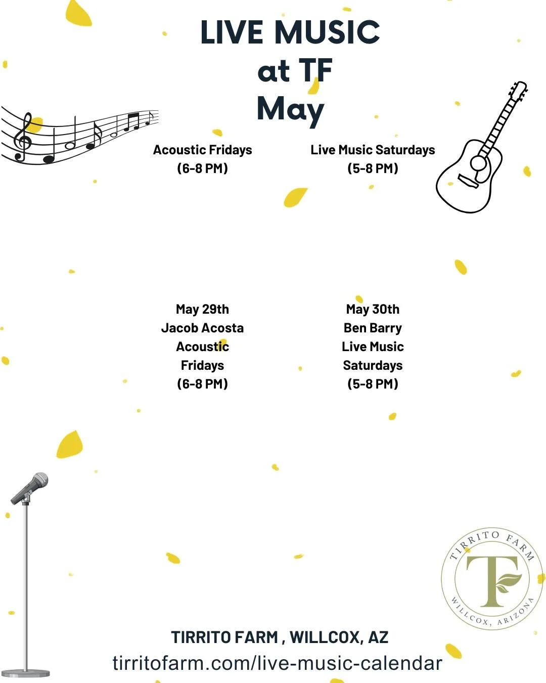 ☀️ Wrapping up May the best way we know how&hellip; cold drinks, live music, and Arizona sunsets.

Join us for the last weekend of May at Tirrito Farm:

🎶 Friday, May 29 &mdash; Jacob Acosta Acoustic | 6&ndash;8 PM
🎸 Saturday, May 30 &mdash; Ben Ba