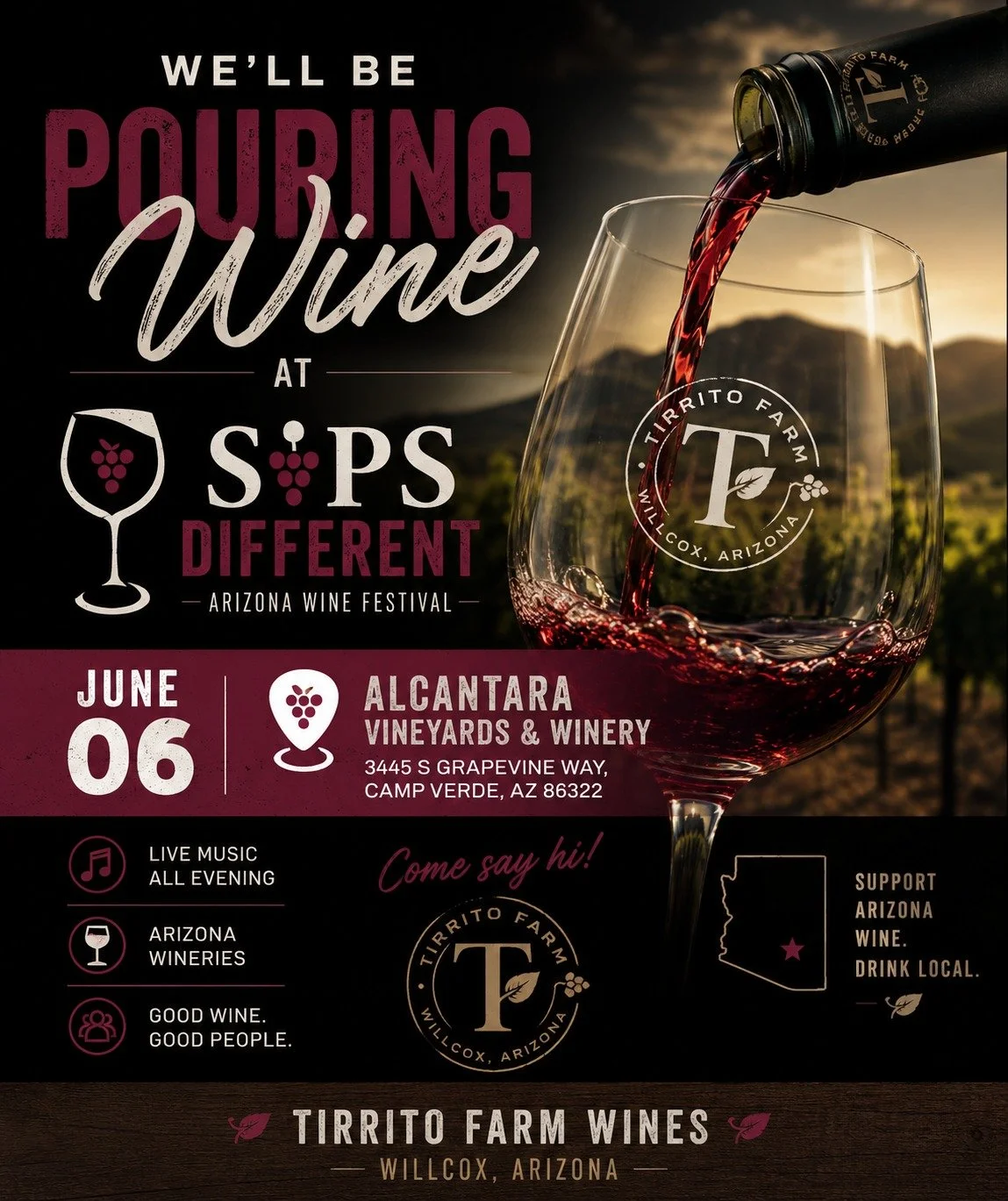 🍷🍺 Heading to Sips Different on June 6th?

We&rsquo;ll be back pouring Tirrito Farm wines at Alcantara Vineyards &amp; Winery &mdash; and by popular request, we&rsquo;ll also have a limited selection of Tirrito Farm beers available this year.

Last