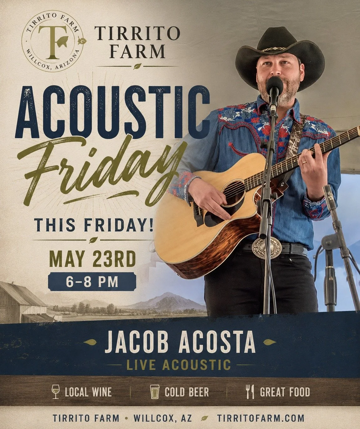 🎶 Acoustic Friday at Tirrito Farm 🎶

Kick off the weekend with Jacob Acosta live this Friday from 6&ndash;8 PM. Cold beer, local wine, great food, and live acoustic music out in the Arizona countryside. Hard to beat that combination. 🍻🌅

If you&r