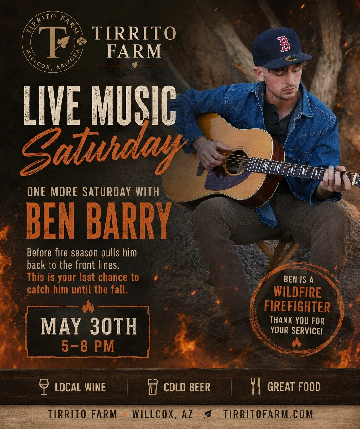 🎸 One more Saturday with Ben Barry before fire season pulls him back to the front lines.

Catch Ben Barry live at Tirrito Farm this Saturday from 5&ndash;8 PM for an evening of acoustic country, cold beer, local wine, and good food.

Ben spends his 